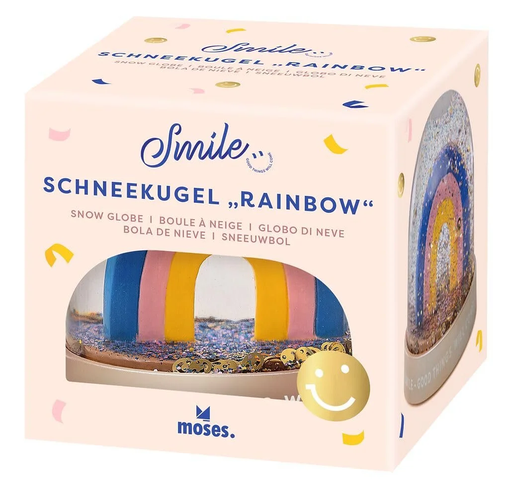 Куля зі снігом Moses. Smile Rainbow Райдужний дизайн з блискітками та золотими смайликами, фото №3
