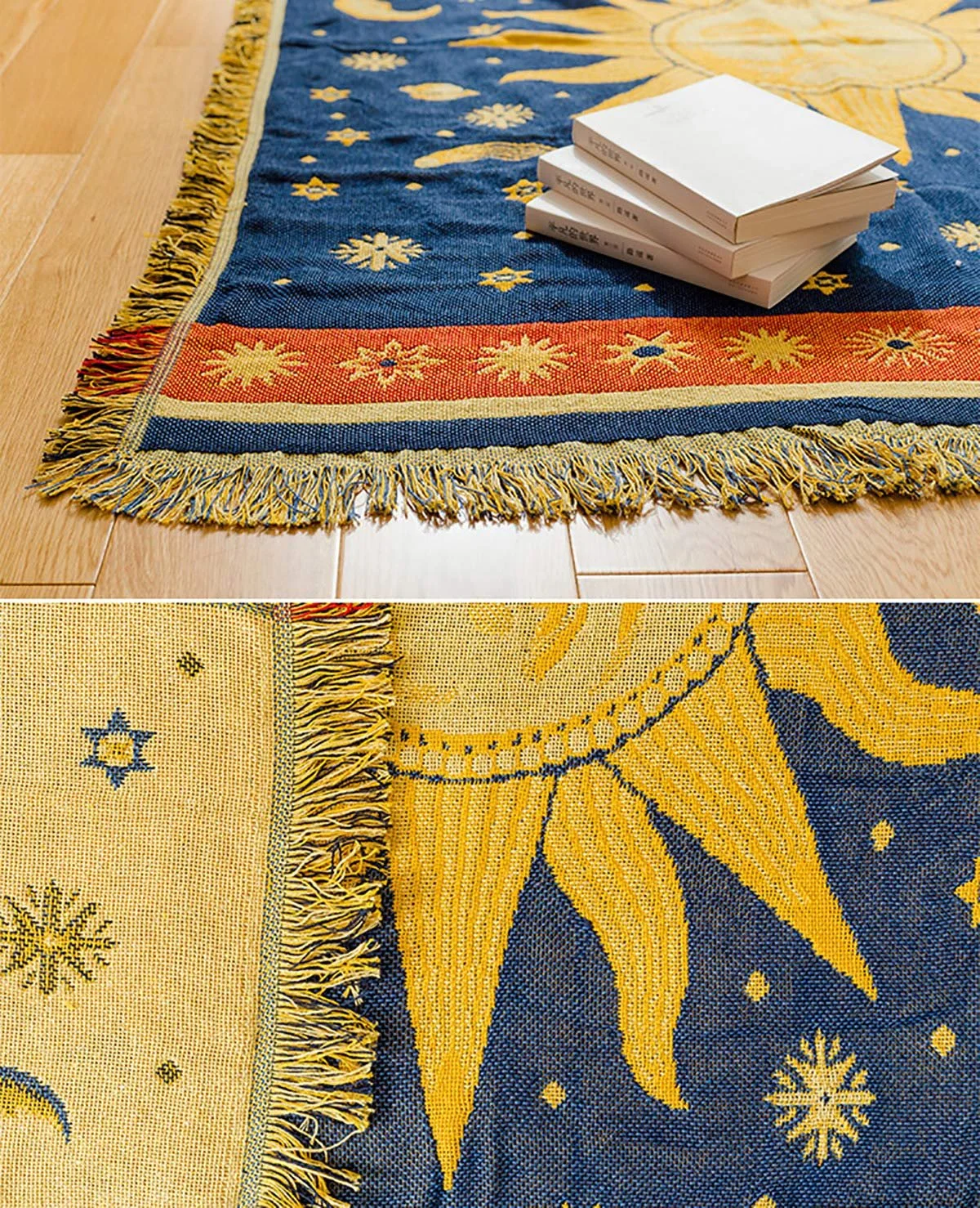 Тканый коврик MayNest Солнце, Луна и Звезды Hippie Двусторонний Хлопок Домашний декор для кровати Кресло Кушетка Палуба Кресло Большого размера Кисточки Сине-желтый (91,4 см x 71,1 см), фото №6