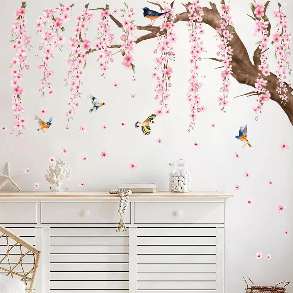 Наклейки на стіну Квіти персика та птахи DIY Рожеві, фото №3