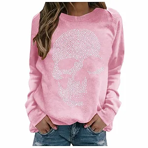 Женская Толстовка Komiseup с длинными рукавами, повседневная футболка с круглым вырезом, модная рубашка с принтом черепа и стразами, свободная рубашка с длинными рукавами, однотонные пуловеры, туники, блузка - Фото 1