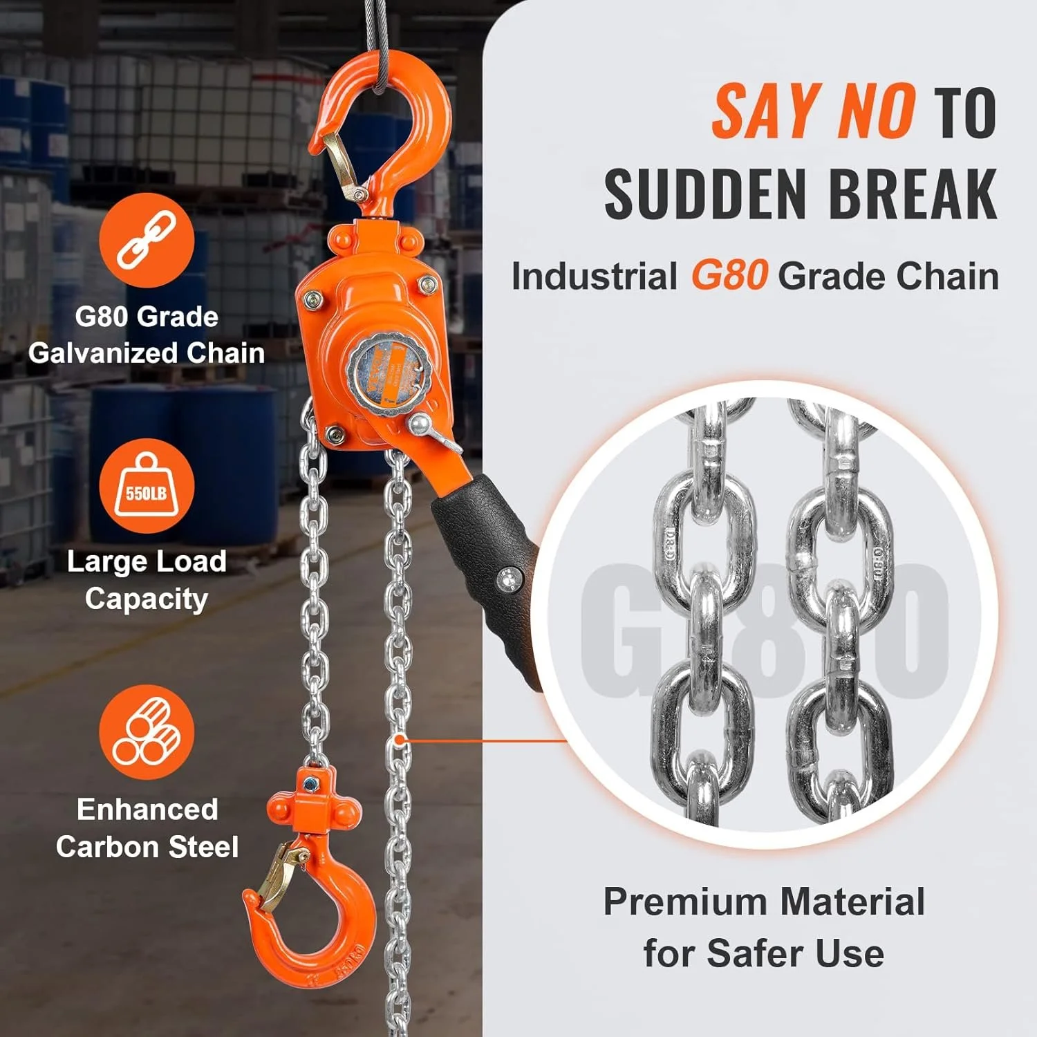 Ручний ланцюговий таль VEVOR HX0.25-3 / 0.25 т / 2.8 м / Помаранчевий, фото №6 Ручний ланцюговий таль VEVOR HX0.25-3 / 0.25 т / 2.8 м / Помаранчевий, фото №6