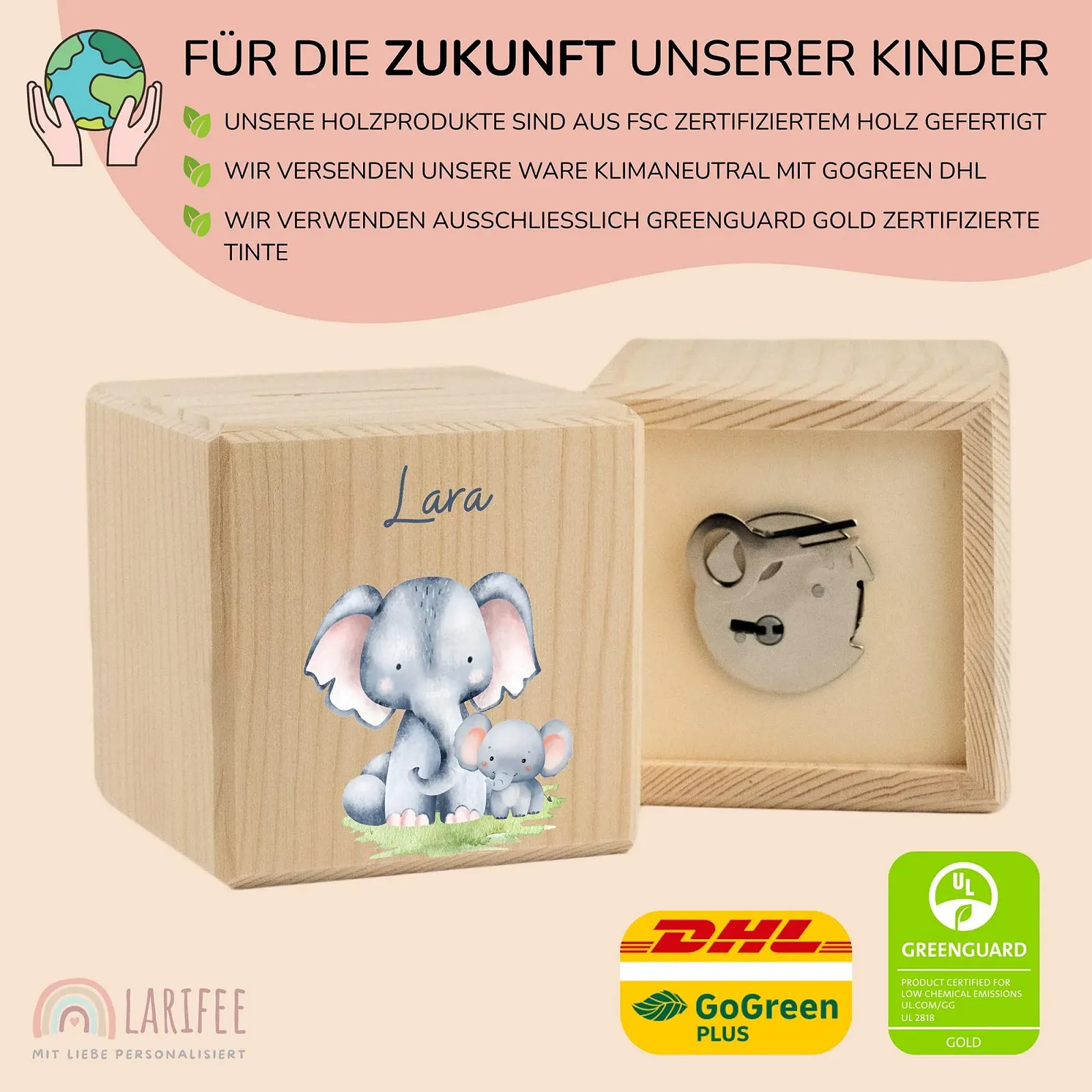 Копилка LARIFEE Персонализированная Деревянная куб со слоником на замке, фото №3