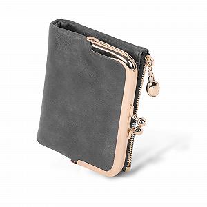 Кошелек женский кожаный Jiusely Bifold с защитой RFID, компактный кошелек на молнии, застежка Kiss, серый - Фото 1