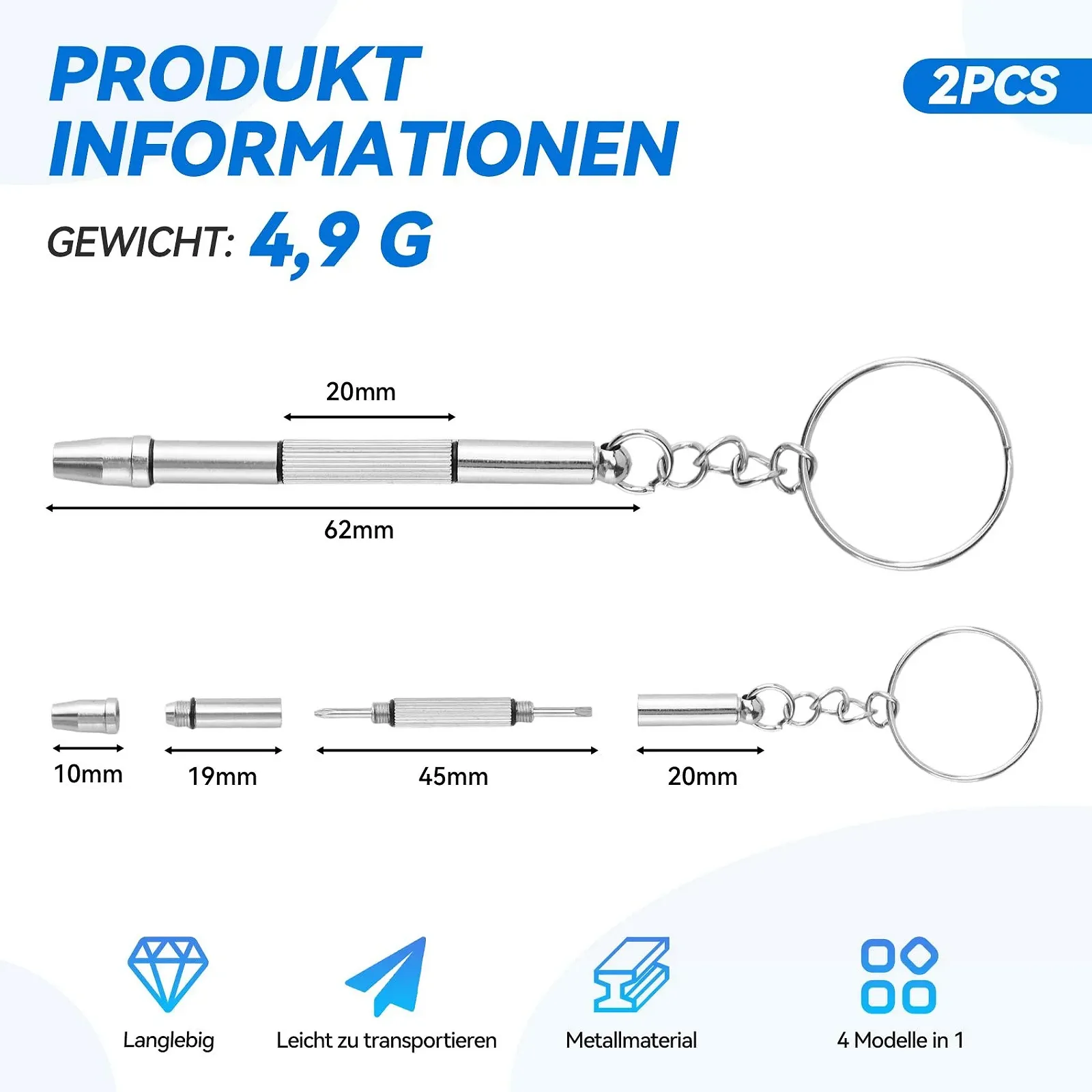 Міні-викрутка прецизійна 4 в 1 брелок-мультитул для окулярів та годинників нержавіюча сталь 2 шт., фото №4