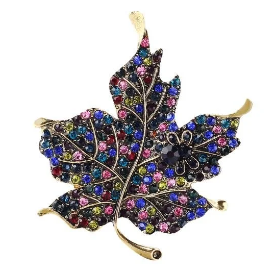 Брошка у вигляді кленового листка з кольоровими каменями, фото №1