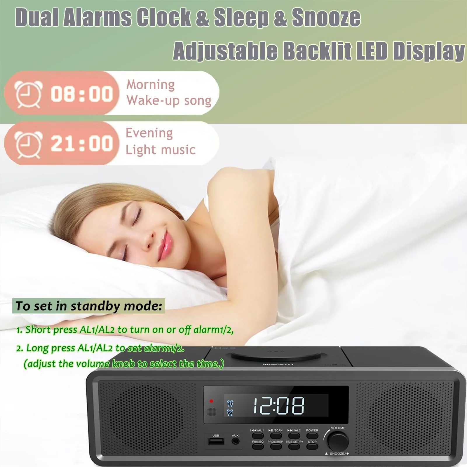 CD-проигрыватель WISCENT Home Stereo System с Bluetooth, FM-радио, Aux-In, USB, часами, двойным будильником, фото №4