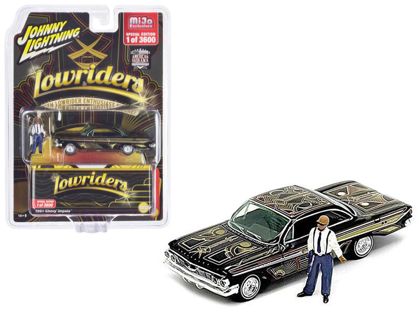 Автомобіль Johnny Lightning Diecast 1961 Chevy Impala Lowrider Чорний з графікою 1/64, фото №1