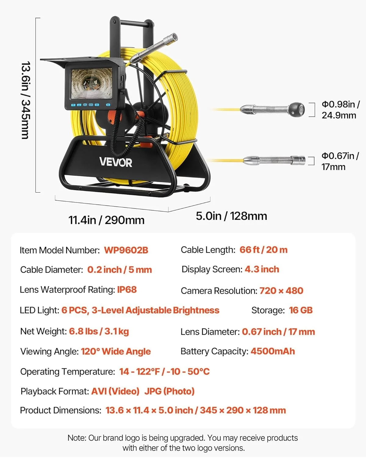 Каналізаційна камера з монітором 4.3'' VEVOR WP9602B 16 ГБ 20M Жовтий, фото №8 Каналізаційна камера з монітором 4.3'' VEVOR WP9602B 16 ГБ 20M Жовтий, фото №8