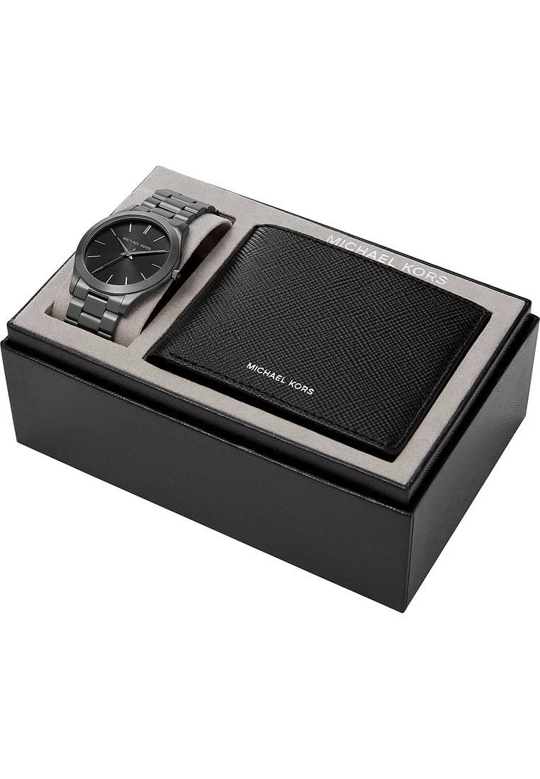 Мужские часы Quartz Michael Kors MK1044, размер корпуса 44.00 мм, с черным аналоговым циферблатом и серым металлическим ремешком, темно-серый набор, браслет, фото №3 Мужские часы Quartz Michael Kors MK1044, размер корпуса 44.00 мм, с черным аналоговым циферблатом и серым металлическим ремешком, темно-серый набор, браслет, фото №3