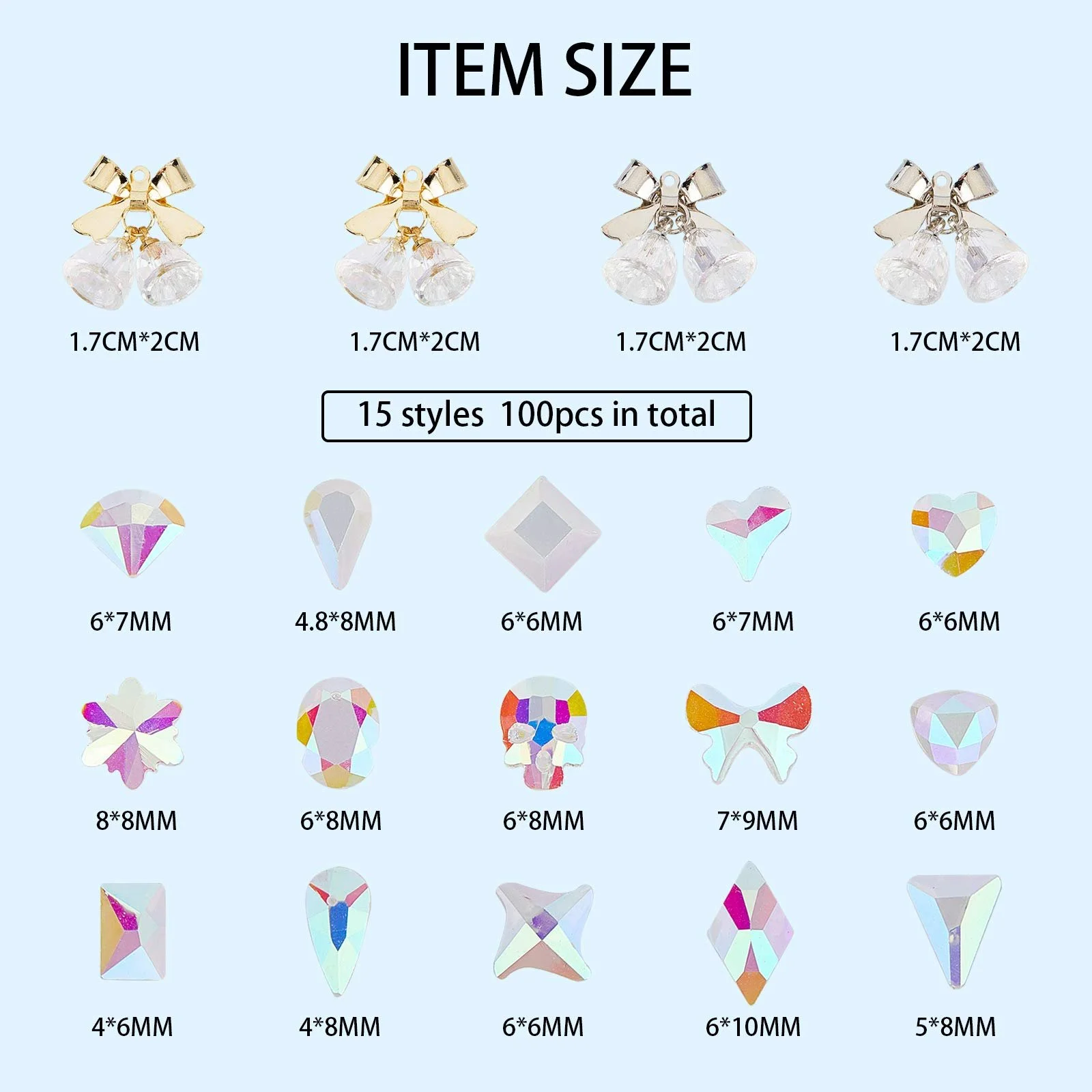 Набор страз для ногтей NICENEEDED, 4 шт. 3D украшения для ногтей в виде колокольчиков и 100 шт. кристаллов для ногтей больших смешанных размеров с плоской задней частью для женского дизайна ногтей, фото №2 Набор страз для ногтей NICENEEDED, 4 шт. 3D украшения для ногтей в виде колокольчиков и 100 шт. кристаллов для ногтей больших смешанных размеров с плоской задней частью для женского дизайна ногтей, фото №2