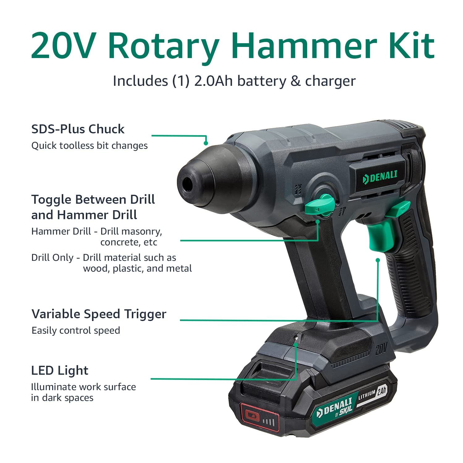 Дрель-шуруповерт Amazon Brand Denali SKIL Hammer 18 Volt (20V Max) Kit с аккумулятором и зарядным устройством зеленый, фото №3