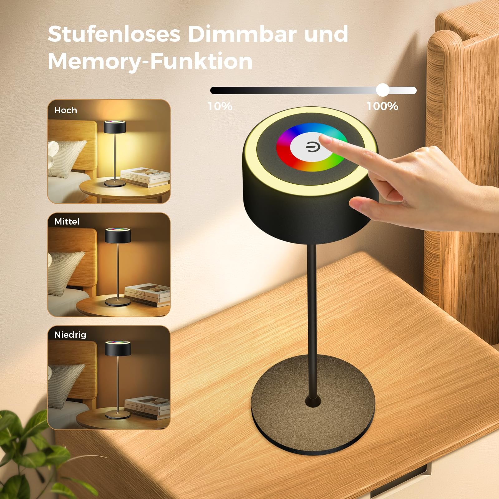 Настільна лампа TYEE бездротова світлодіодна акумуляторна, димована, 3000-6000K + RGB, USB-C, IP54, чорна, фото №4