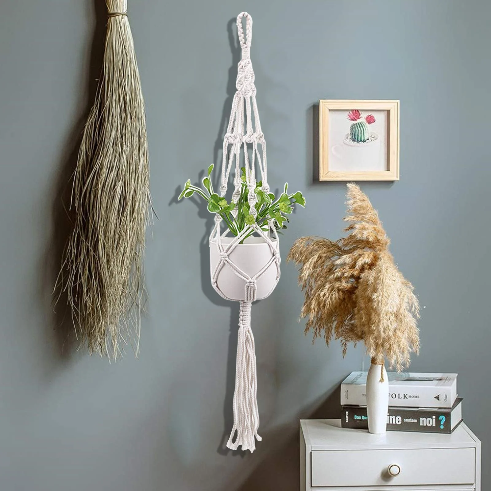 Макраме-держатель для растений Skyzone Набор 2 шт. Хлопковая веревка 105 см Белый, фото №5