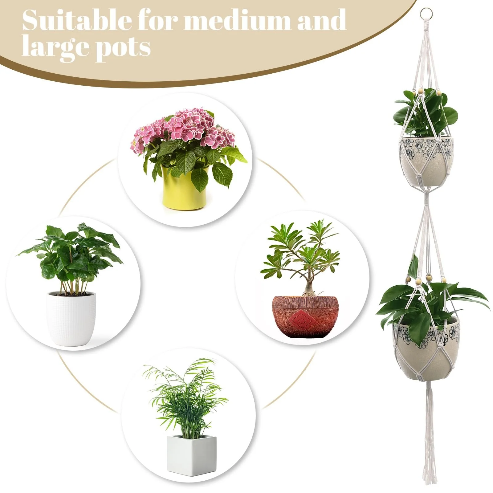 Підвісне кашпо макраме Набір 5 шт. Бавовняна мотузка Бежевий, фото №3