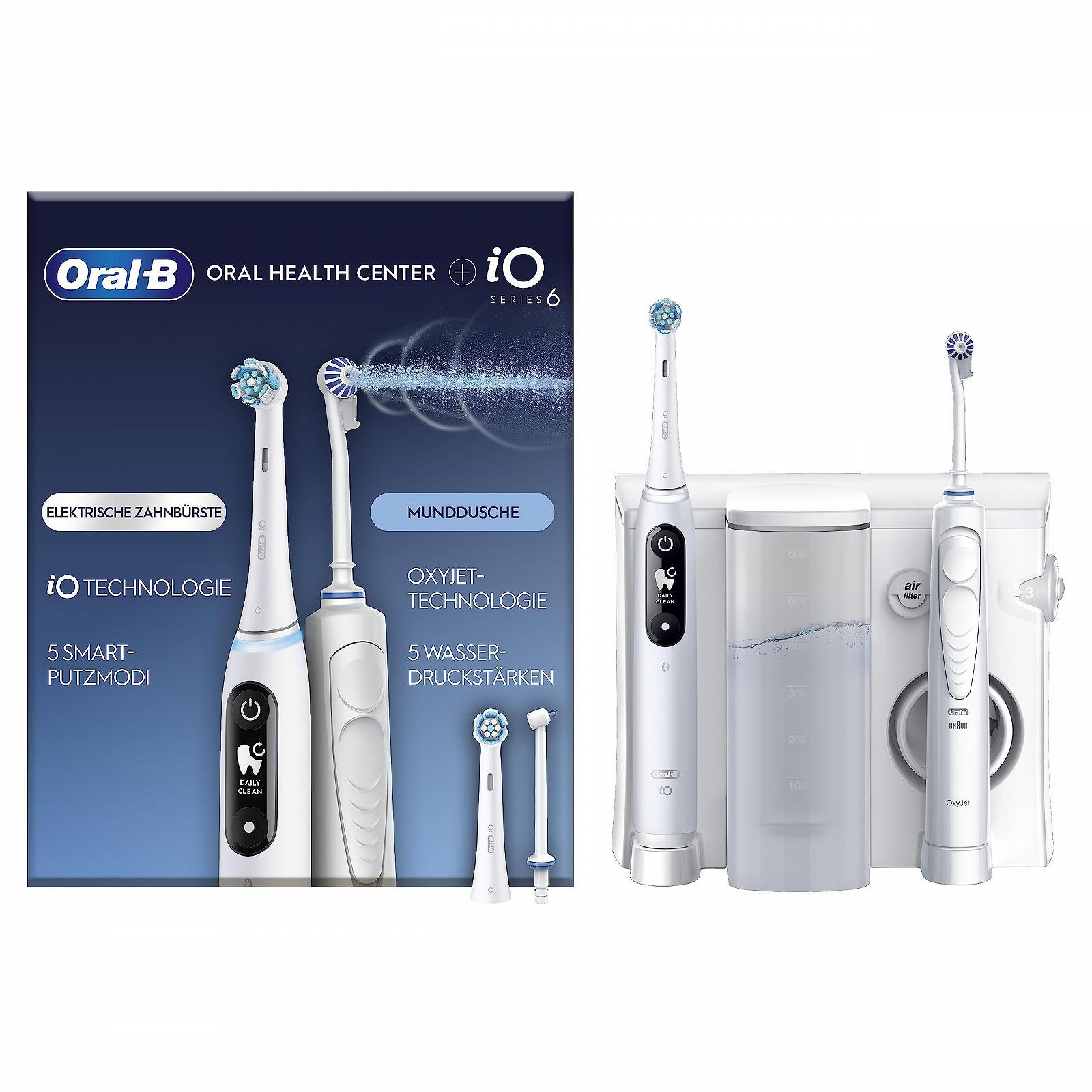 Ирригатор Oral-B Oral Health Center с технологией Oxyjet для чистки зубов, 2 сменные насадки и электрическая зубная щетка iO Series 6, 2 сменные щетки, 5 режимов для ухода за зубами, белый, фото №1