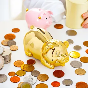 Скарбничка-свиня керамічна велика золотиста іменна synthetic.ua - Фото 1