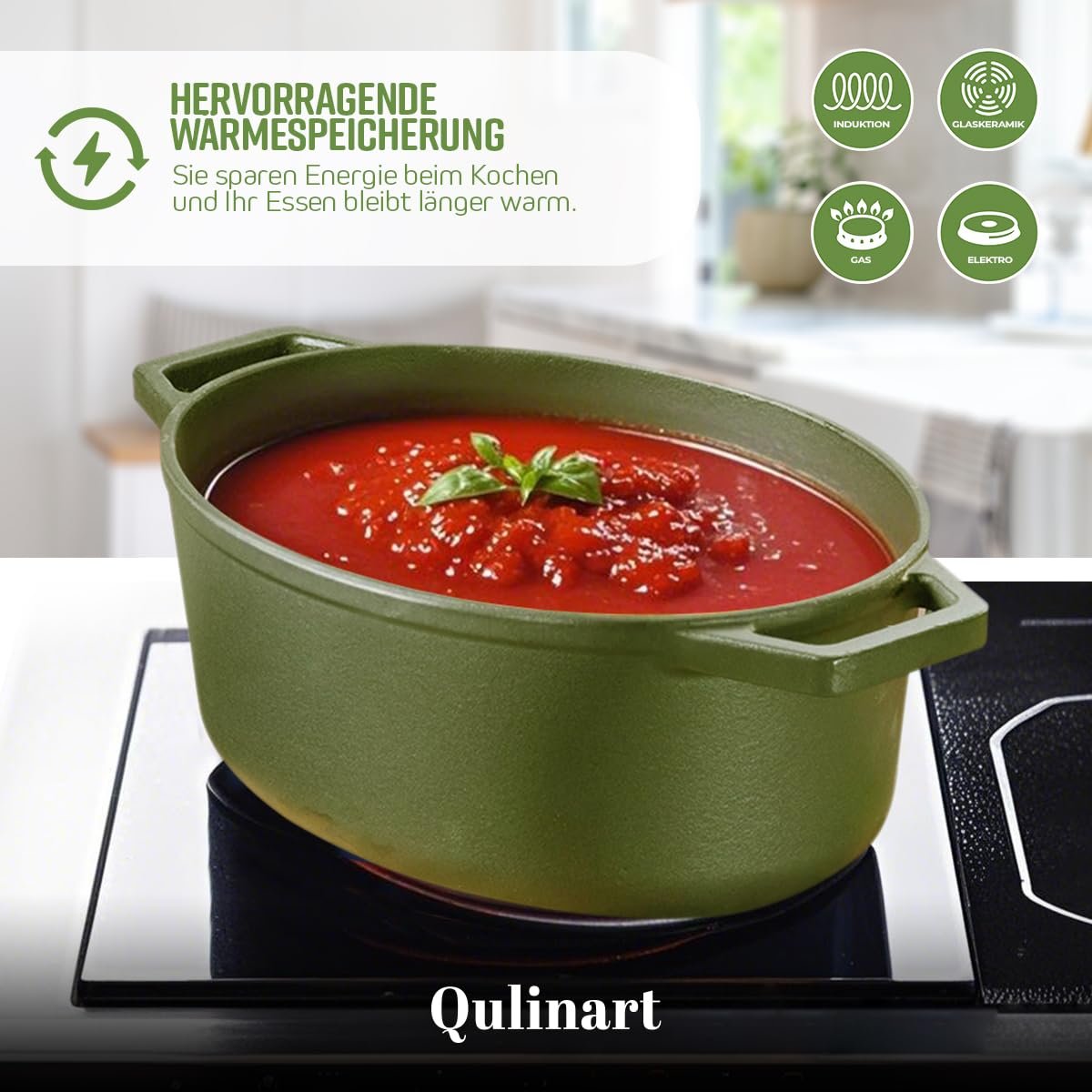 Кастрюля-жаровня QULINART чугунная овальная 4.7 л 30 см матовая зеленая индукционная, фото №4