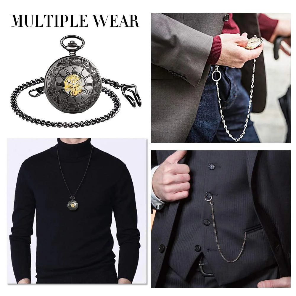 Карманные часы MICGIGI Унисекс с цепочкой-ожерельем, аналоговые, с ручным заводом, черные, с римскими цифрами, механические, винтажные, фото №6