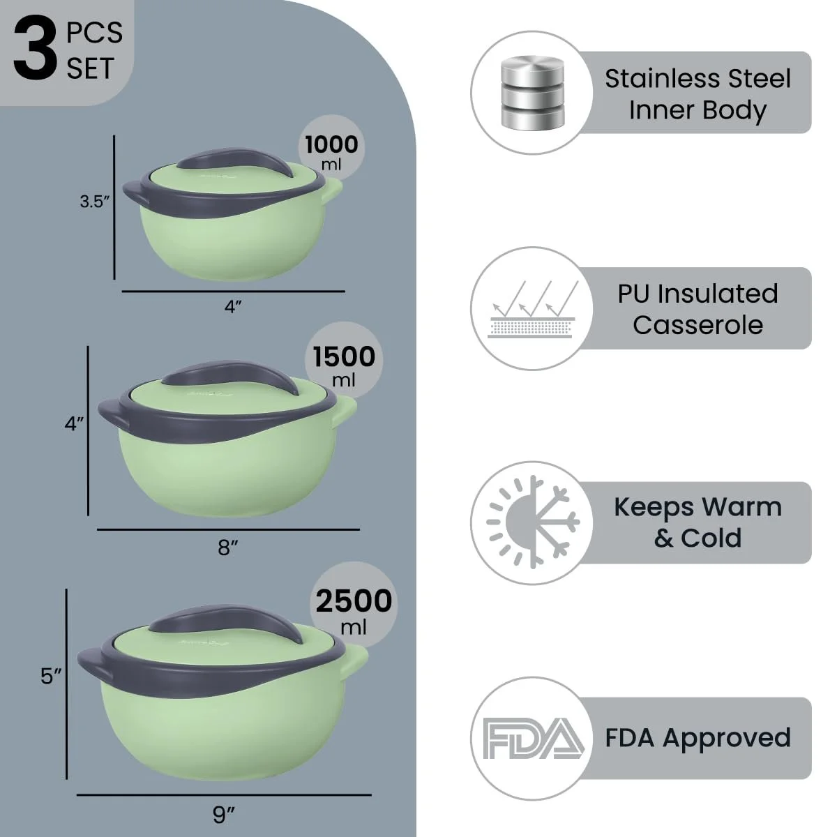 Набір термокаструль Pinnacle 3 предмети 2,46/1,42/0,95 л З кришкою Нержавіюча сталь, фото №2