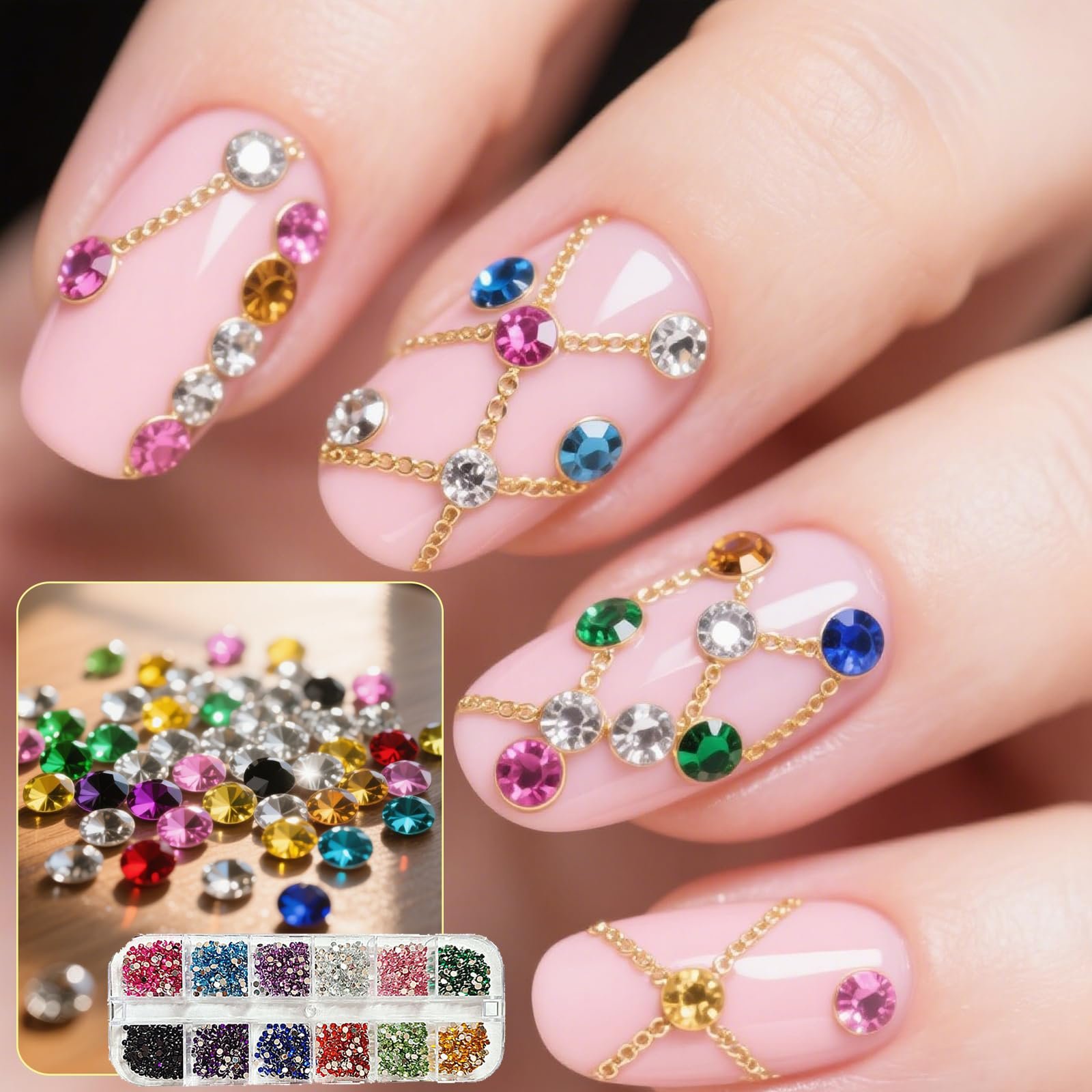 Стразы для ногтей 6200 шт., 4 коробки блестящих камней с пинцетом и ручкой для сбора страз, плоские стразы для одежды, поделок своими руками, фото №3