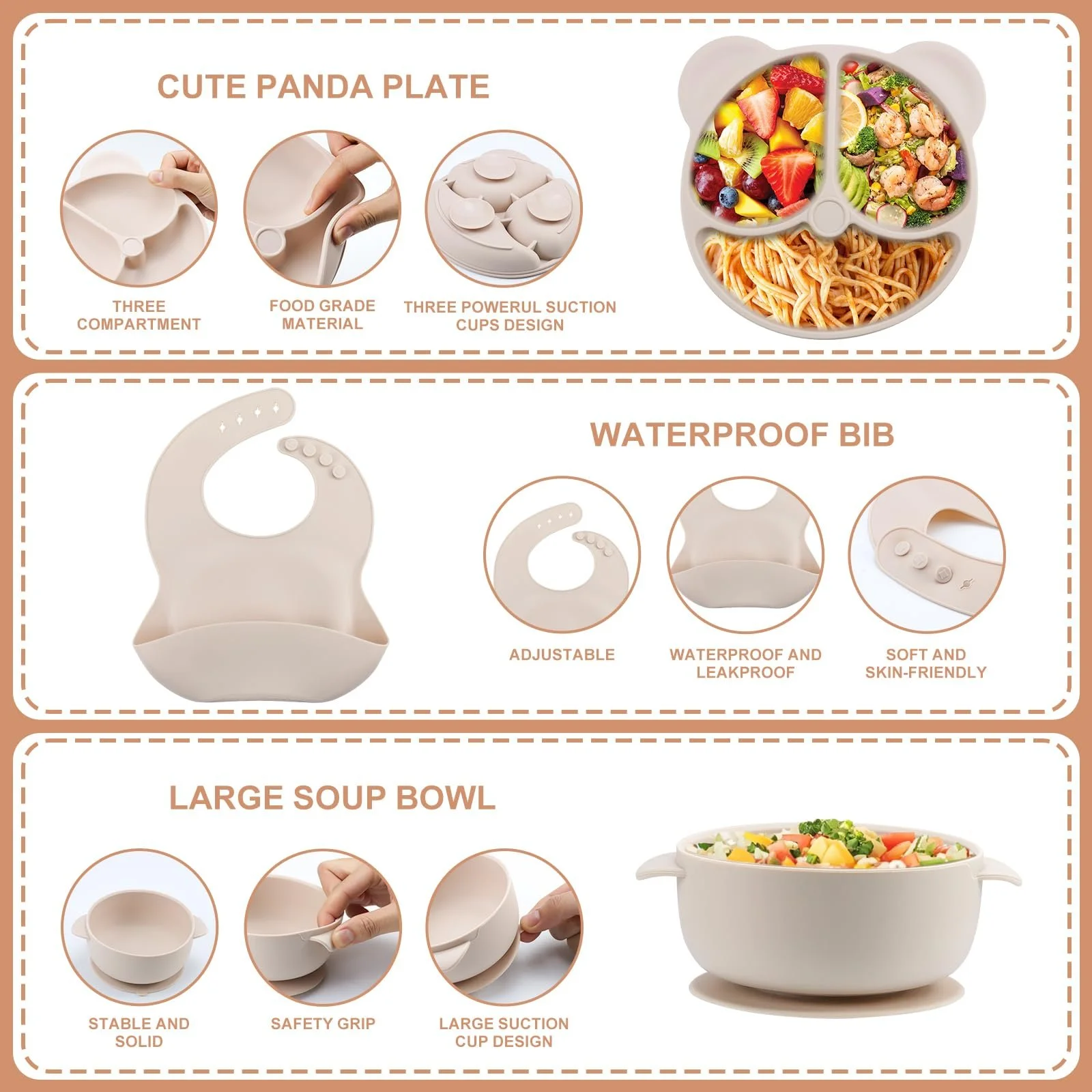 Набір дитячого силіконового посуду Feelhap, 13 предметів: дитяча тарілка з роздільниками та присоскою, дитяча миска з присоскою, силіконовий дитячий нагрудник, поїльник, фото №7