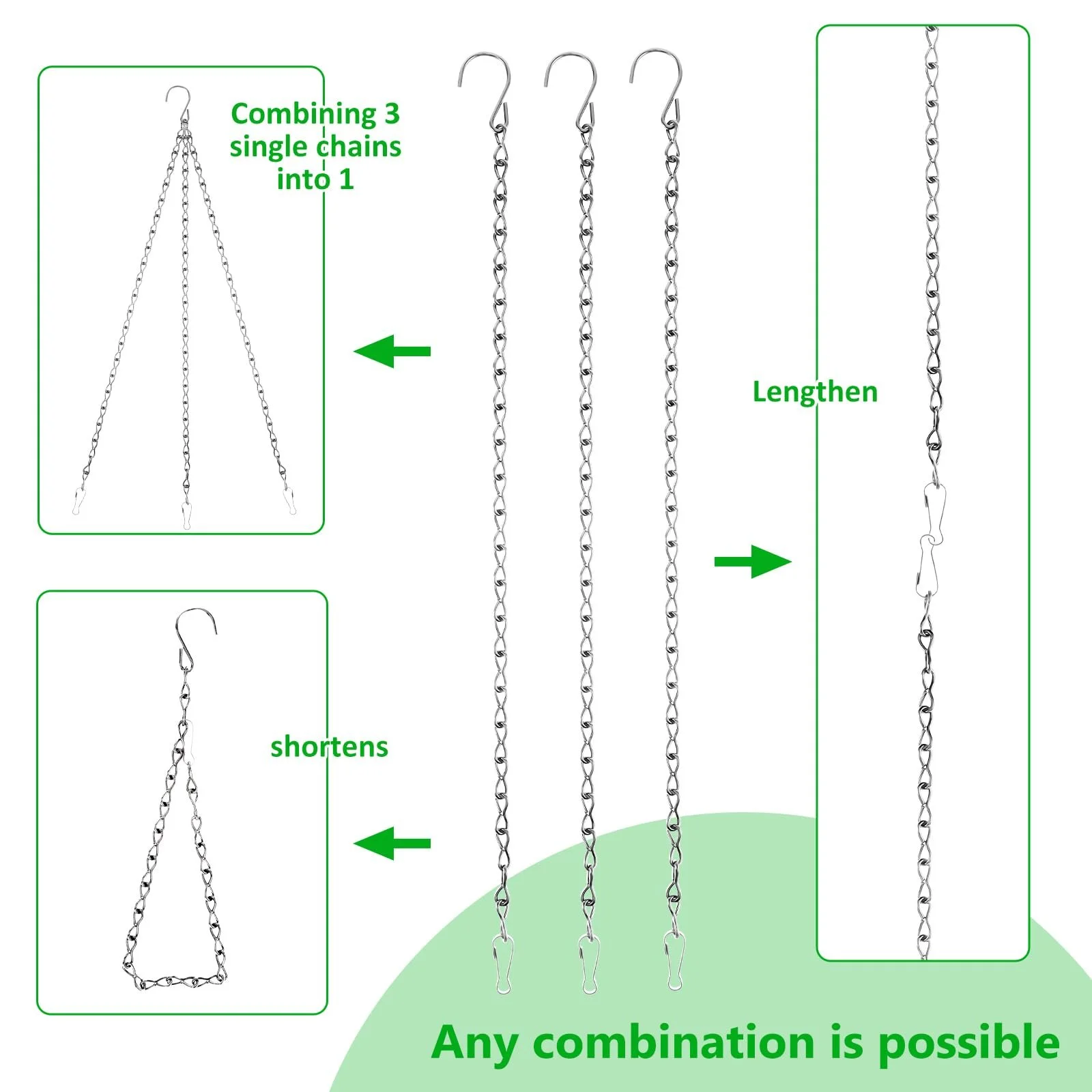 Ланцюги для підвісних кошиків 4 шт. 50 см металеві з гачками Сріблястий, фото №4