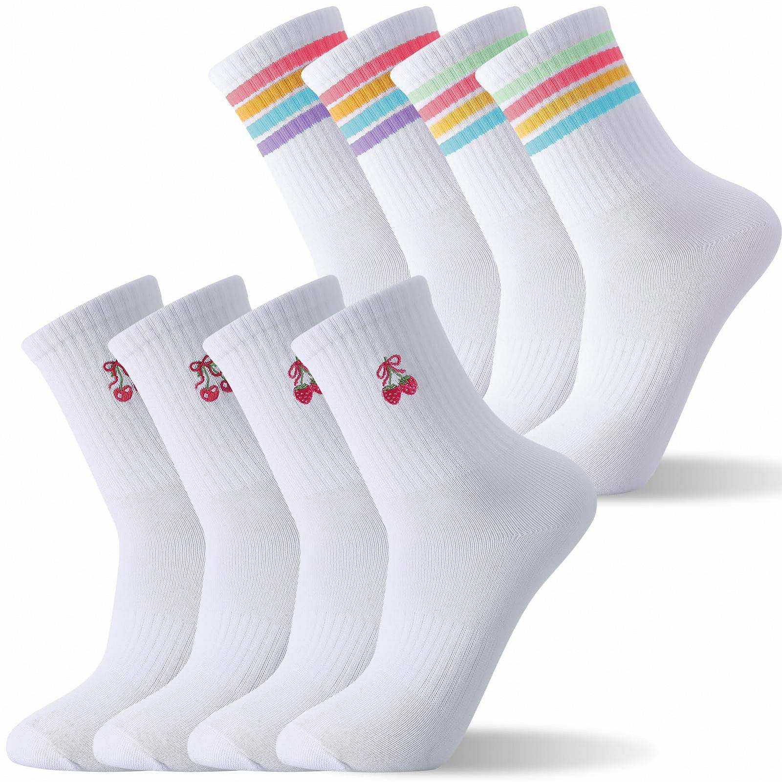 Теннисные носки Белый цвет, 4 пары, размер 38-42, с полосками и рисунками клубники и вишни, фото №8