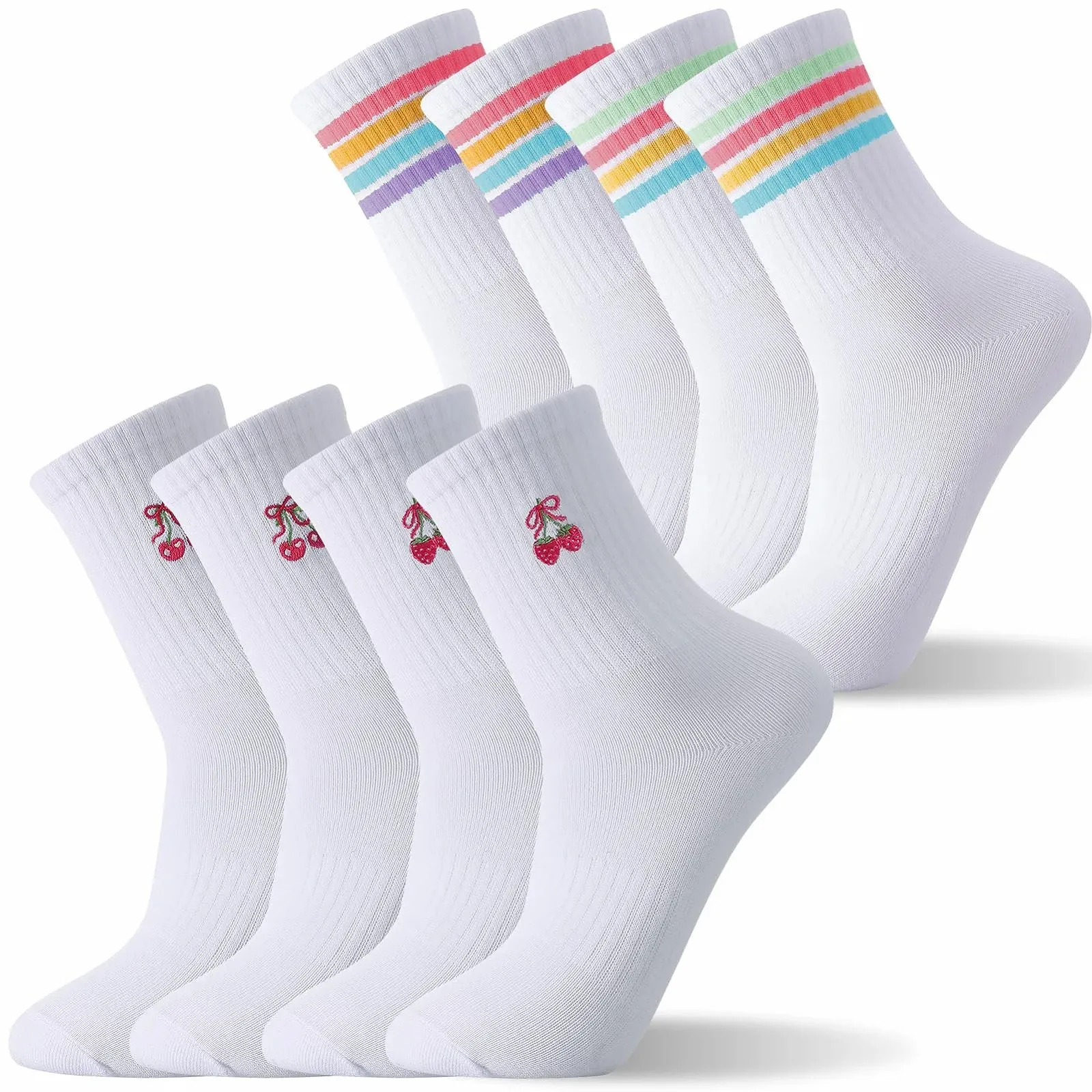 Теннисные носки Белый цвет, 4 пары, размер 38-42, с полосками и рисунками клубники и вишни, фото №8