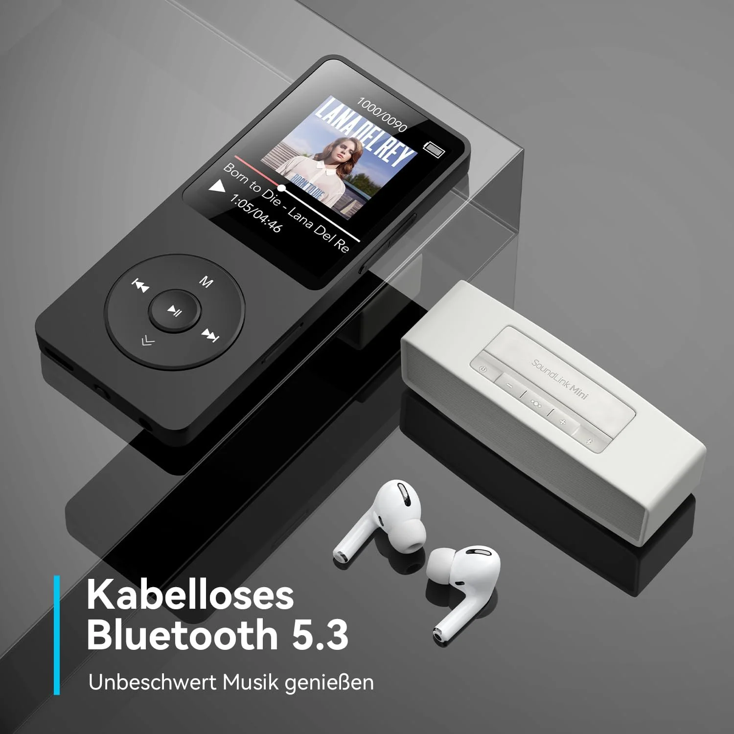 MP3-плеєр AGPTEK 64 ГБ Bluetooth 5.3 зі спікером, 40 годин роботи від батареї, маленький і класичний спортивний MP3 з екраном 1,8 дюйма, FM-радіо (без навушників), Чорний, фото №2
