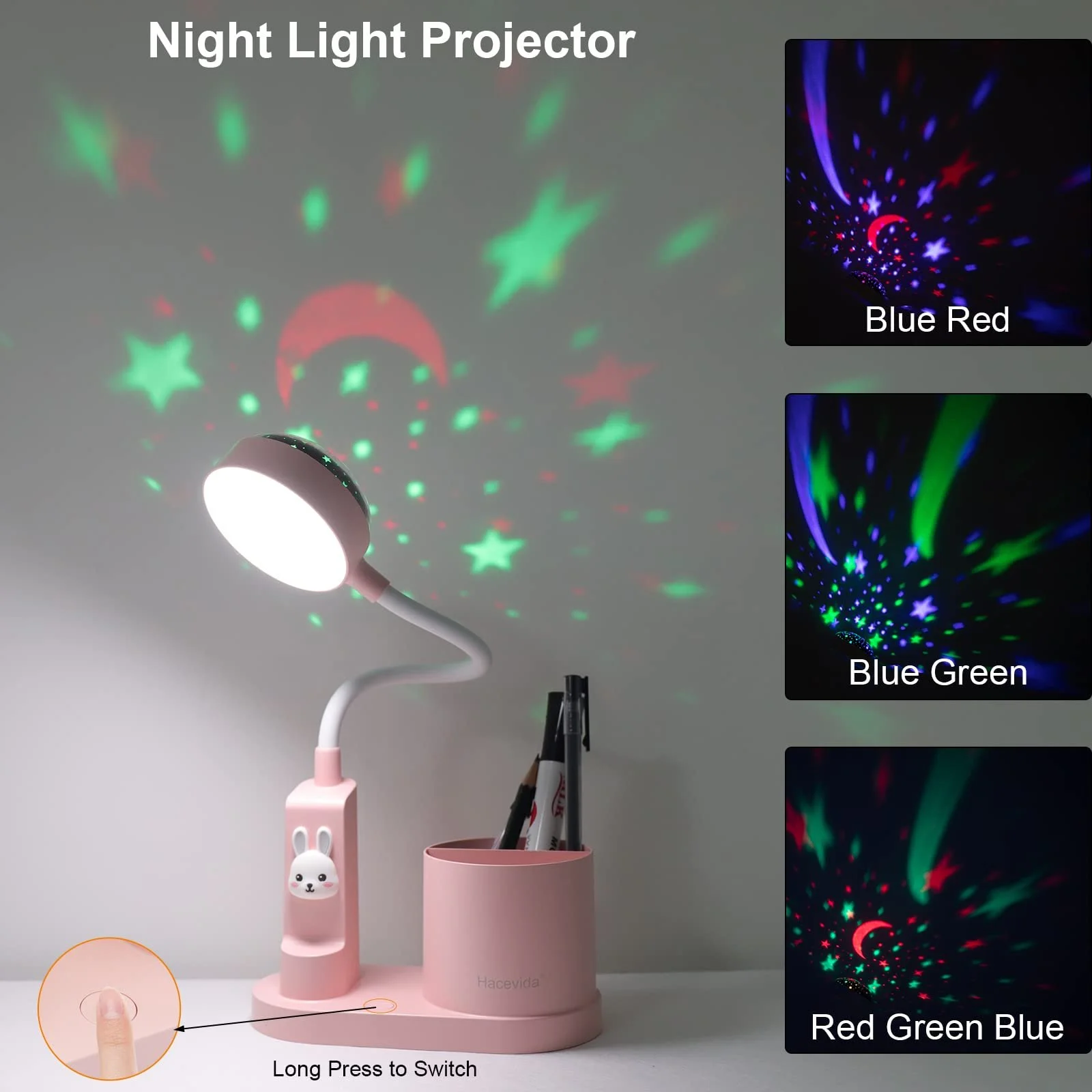 Настільна лампа дитяча LED автоматична зміна кольору тримач для ручок 2000 мАг димована рожева, фото №2