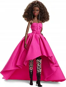Кукла Barbie Signature Pink Collection HBX96 Dark Brown Curly Hair с телом Silkstone и вечерним платьем из тафты для коллекционеров - Фото 1