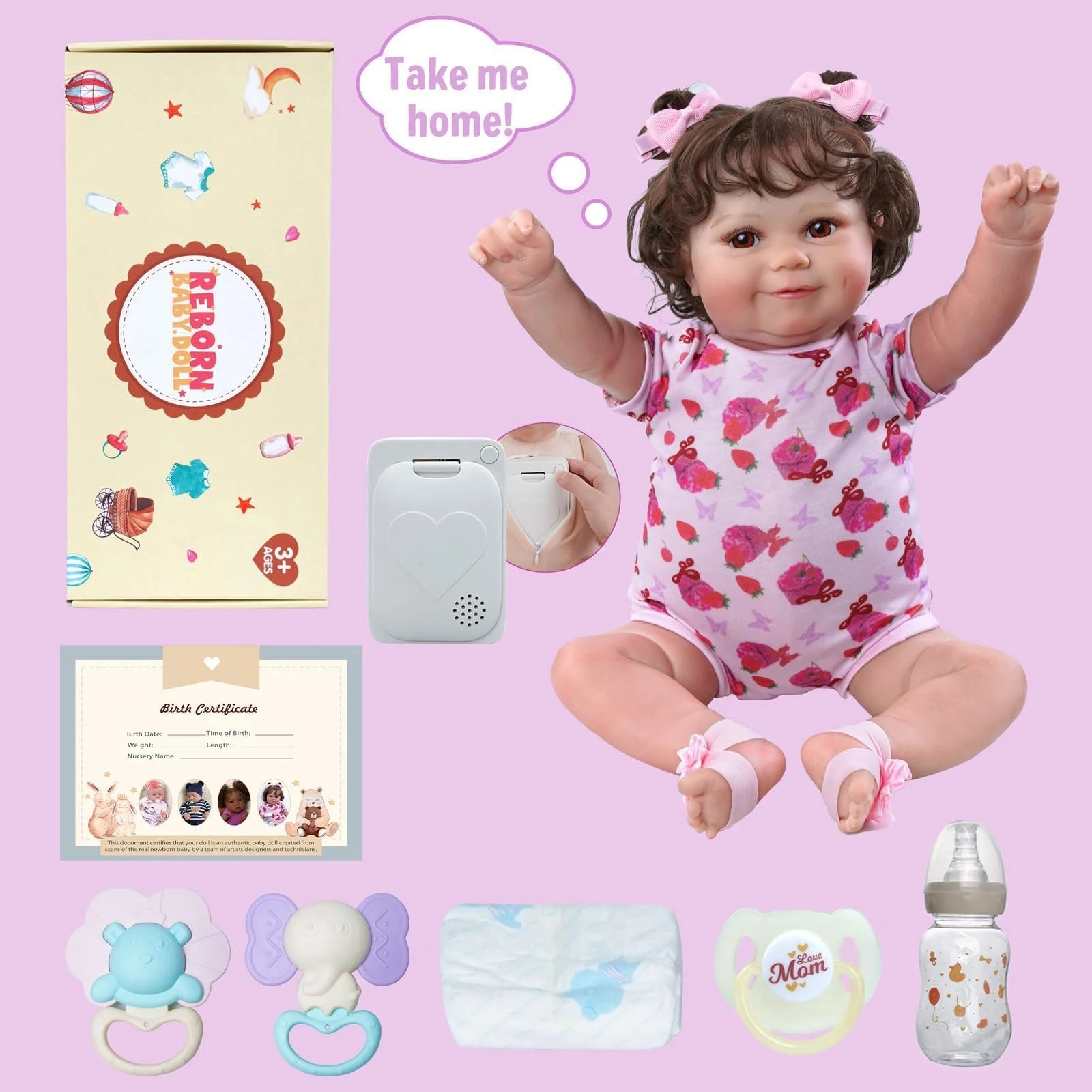 Лялька BABESIDE Reborn 20 дюймів Реалістична м'яке тканинне тіло Малюк дихання серцебиття плаче відкриває очі і посміхається з іграшковими аксесуарами рожевий, фото №7