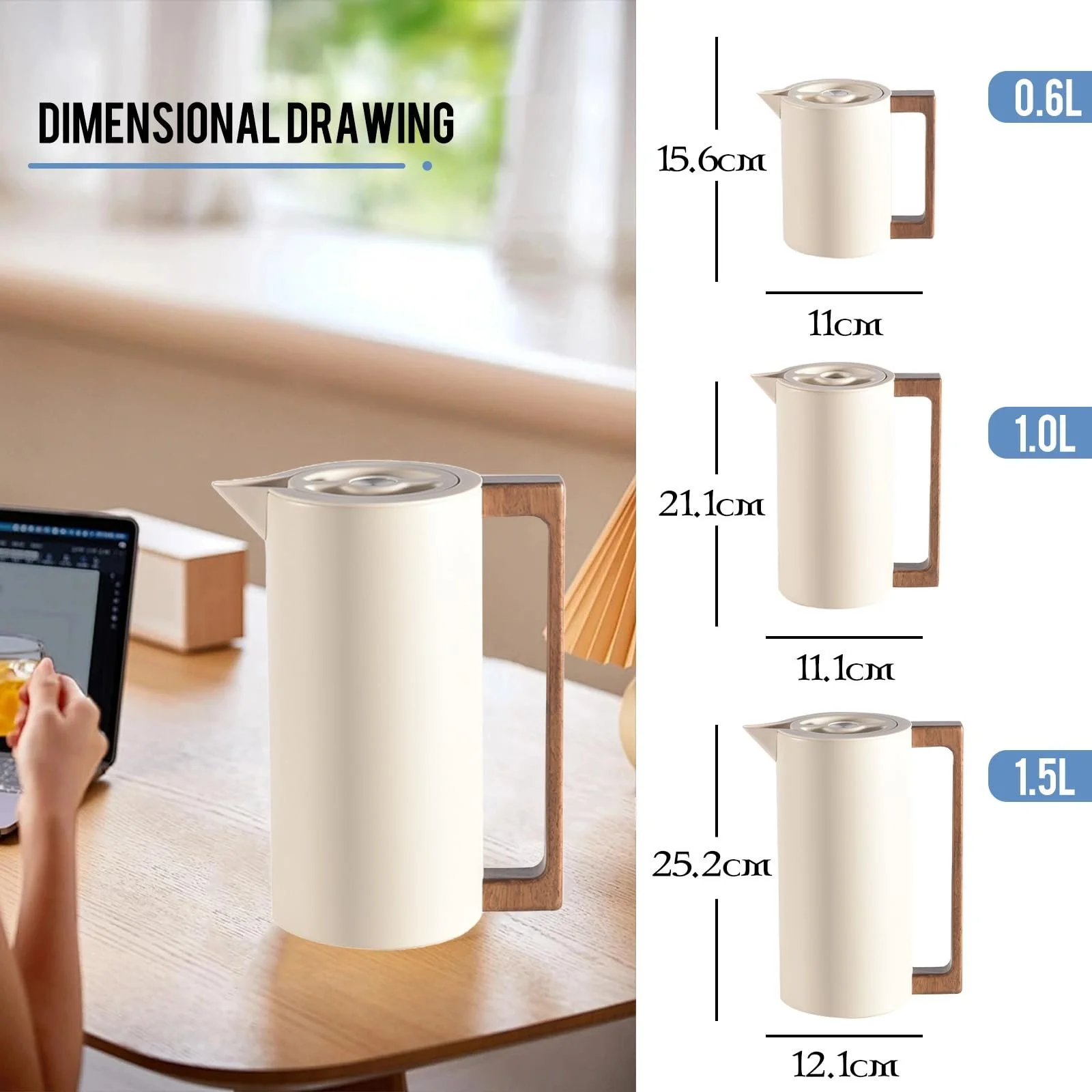 Термос Кавник з нержавіючої сталі з вакуумною ізоляцією, дерев'яною ручкою та простою кнопкою безпеки, 0.6 л, фото №3