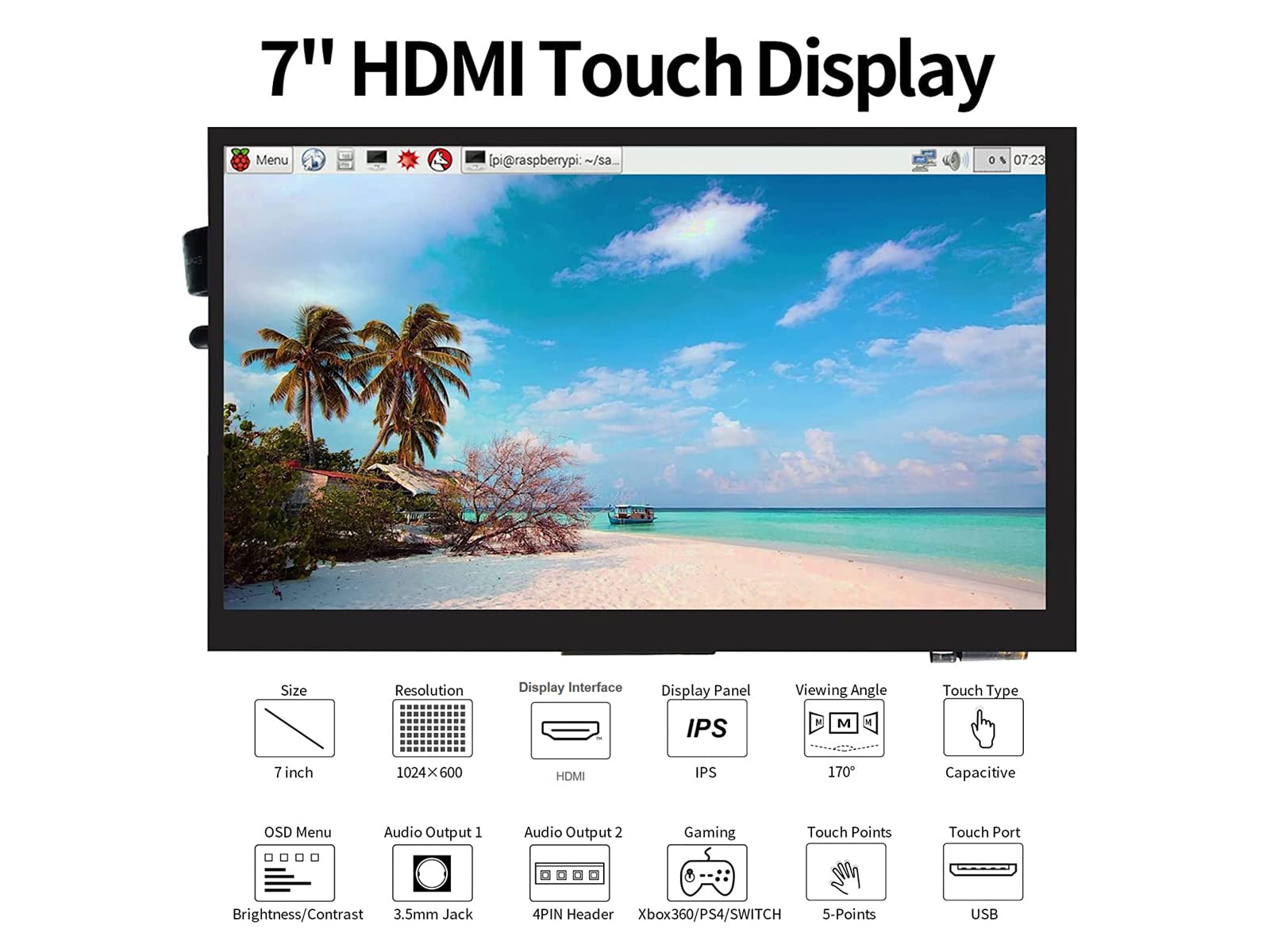 Монитор Ingcool Raspberry Pi 7 дюймов HDMI LCD Ёмкосный сенсорный 1024 x 600 IPS, фото №4