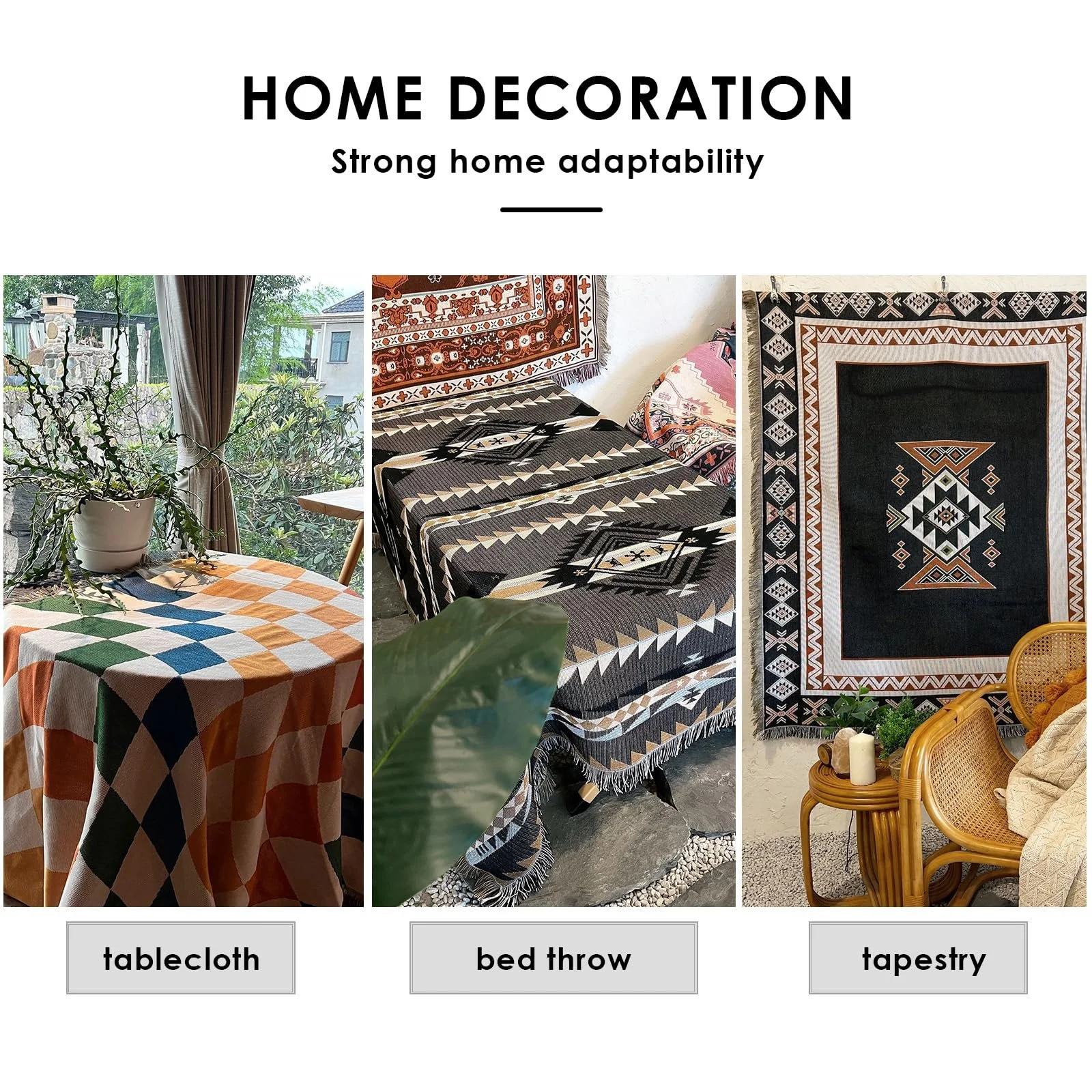 Плед LumiSyne Бавовняний тканий з китицями Богемний етнічний стиль Ацтек Навахо 160 x 130 см, фото №5