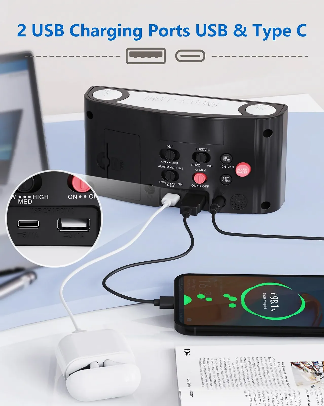 Будильник Mesqool Вібруючий Гучний, Нічник, Великий Цифровий Дисплей, 2 USB Зарядки, Формат 12/24 год, фото №5 Будильник Mesqool Вібруючий Гучний, Нічник, Великий Цифровий Дисплей, 2 USB Зарядки, Формат 12/24 год, фото №5