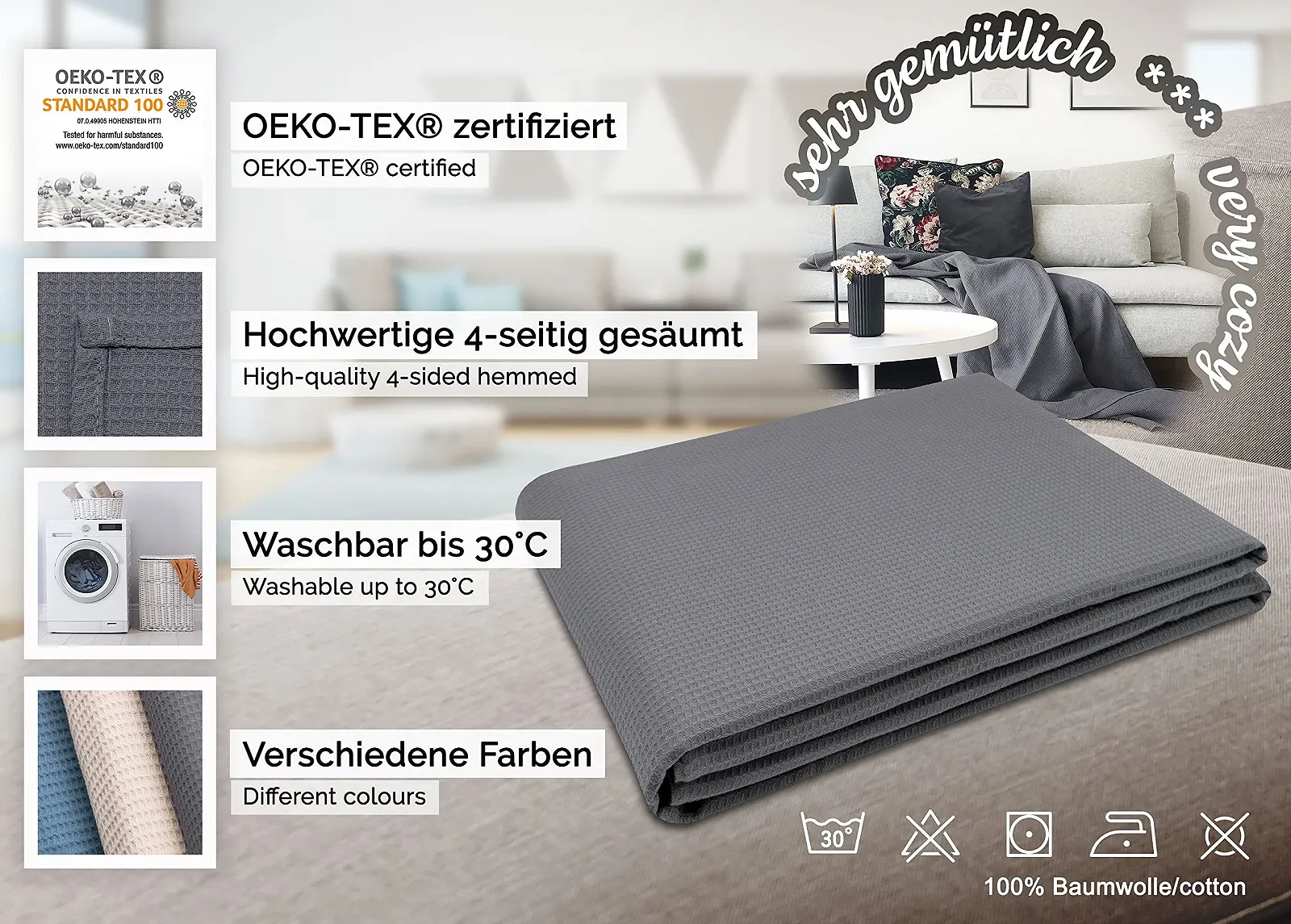 ZOLLNER Вафельное одеяло пике, 150 x 200 см, Хлопок, Дышащее, Серое, фото №2