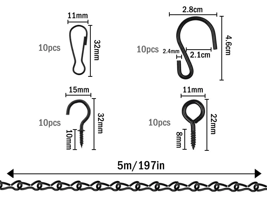 Цепи для подвесных корзин 500 см металлические с крючками, клипсами и саморезами Черный, фото №2
