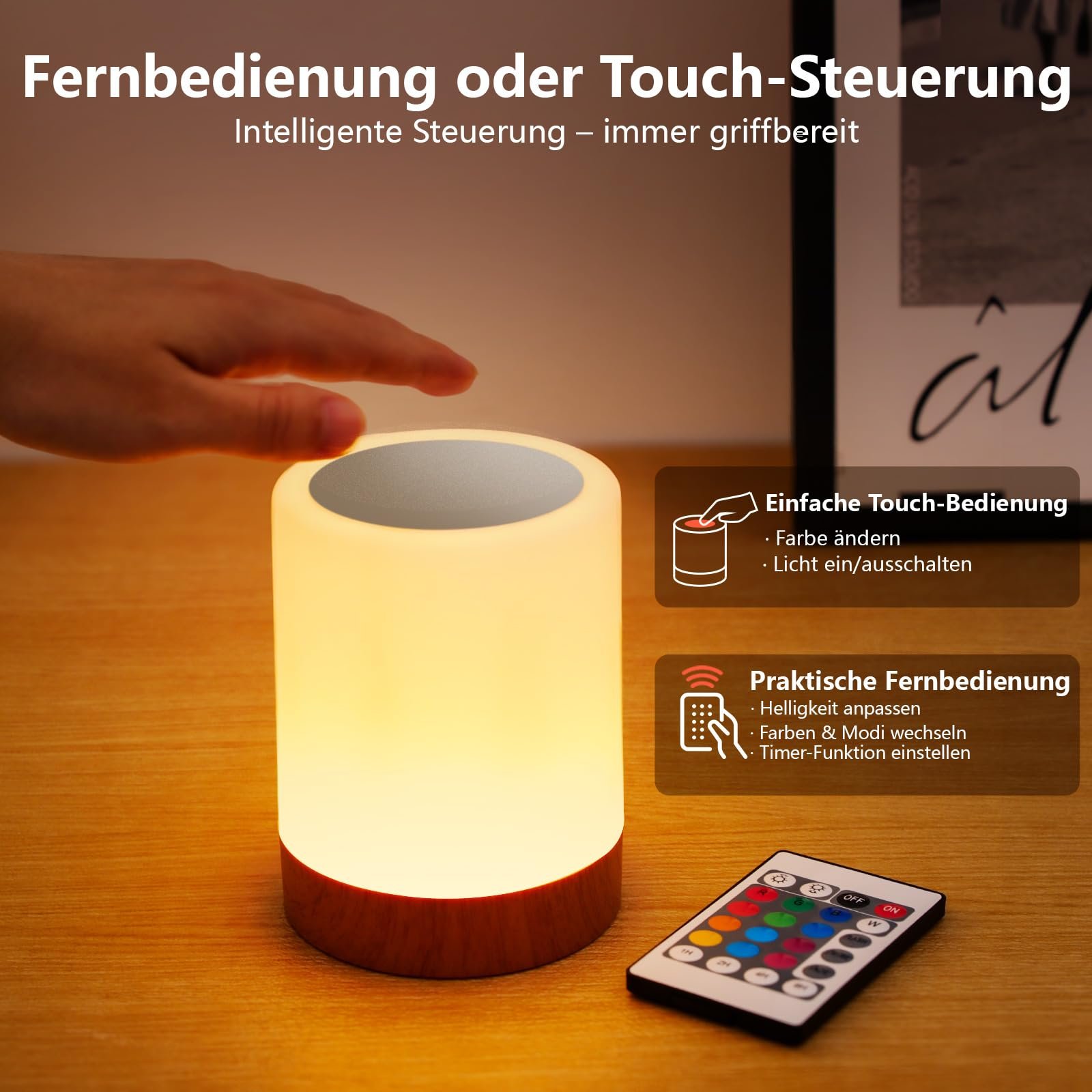 Настільна лампа-нічник LED Бездротова Сенсорна 13 кольорів Акумуляторна USB Таймер Дерево, фото №5