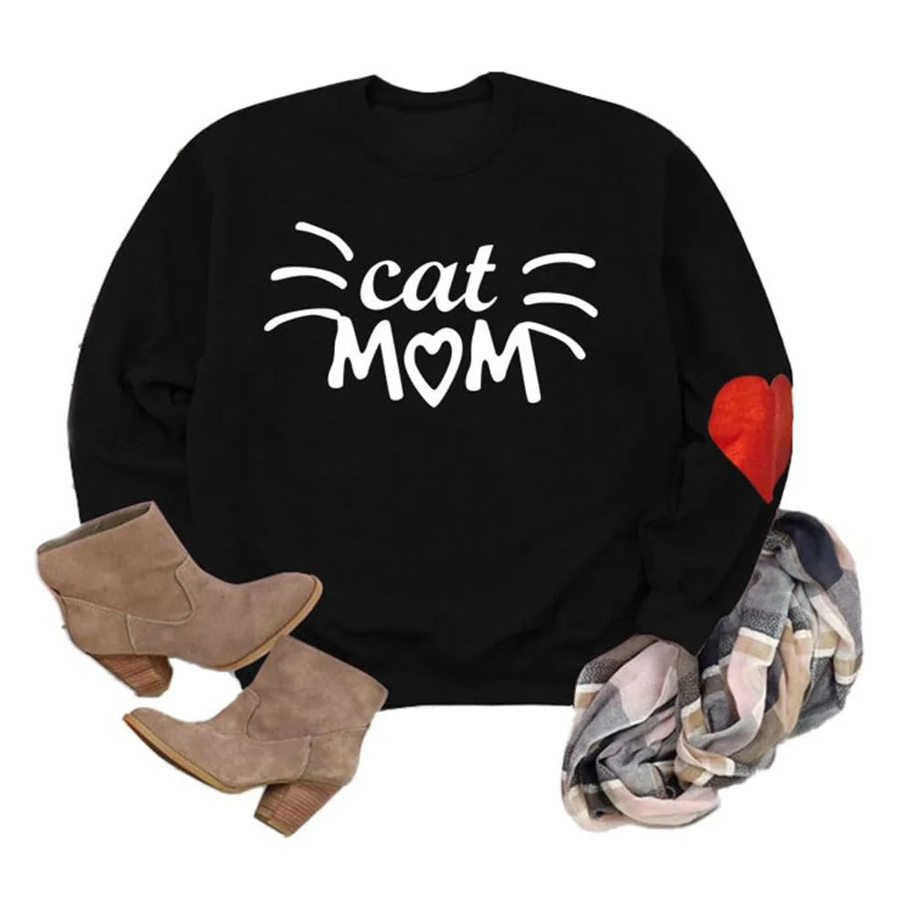 Женский свитшот MLZHAN Cat Mom, круглый вырез, длинный рукав, красное сердце, модный топ Cat Mom ко Дню матери, фото №5