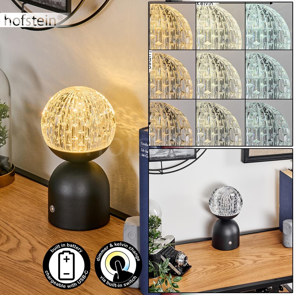 Світлодіодна настільна лампа Yngered метал/пластик акумуляторна 2,5 Вт 243 лм USB-C чорна/прозора, фото №2