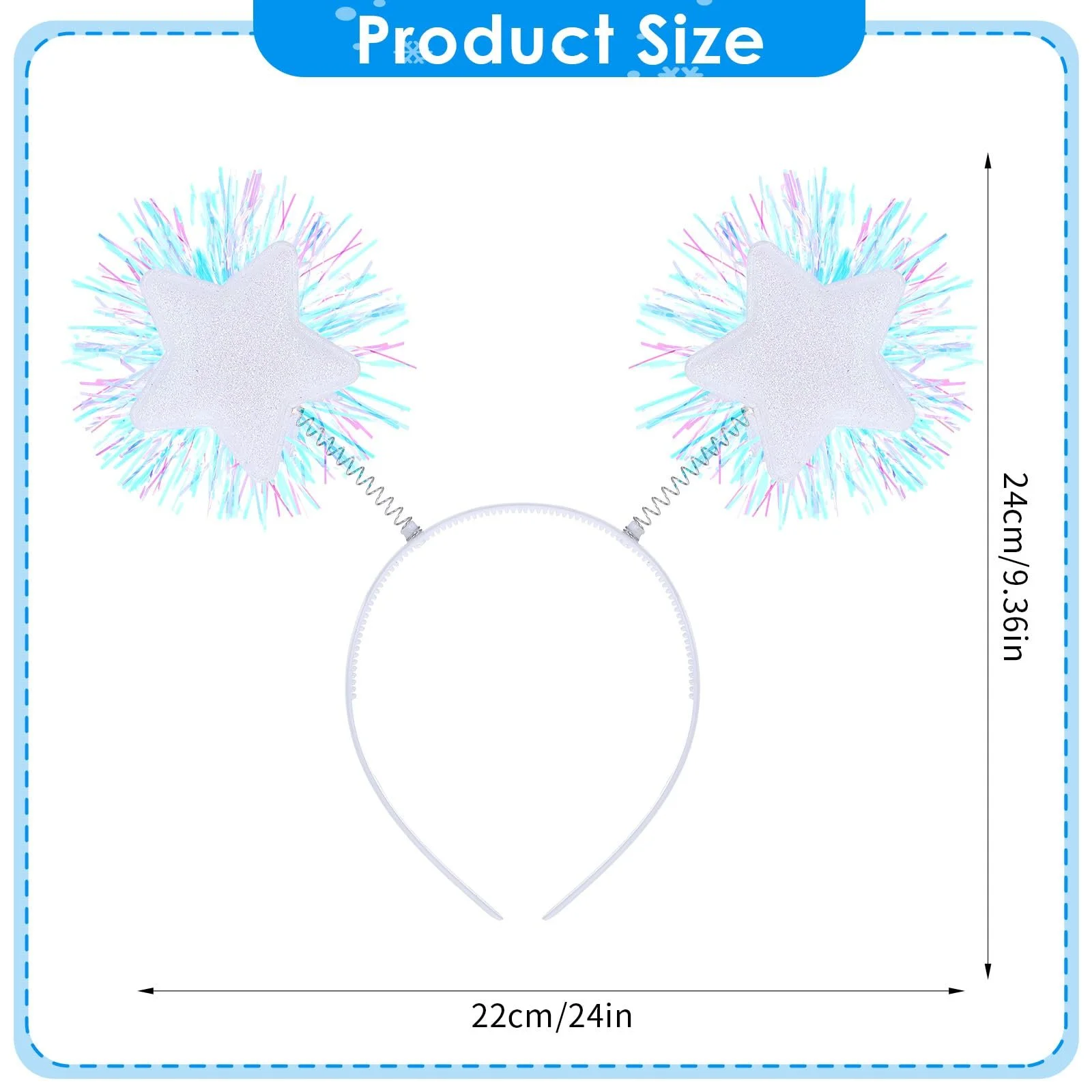 Обруч для волосся з фольгованими смужками, помпоном і блискучими зірками, білий, фото №2
