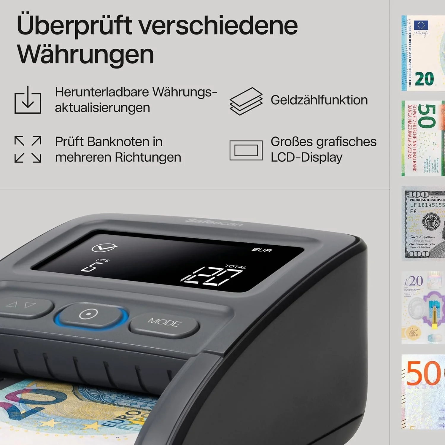 Детектор банкнот Safescan 155-SX EU валюта Чорний, фото №2 Детектор банкнот Safescan 155-SX EU валюта Чорний, фото №2