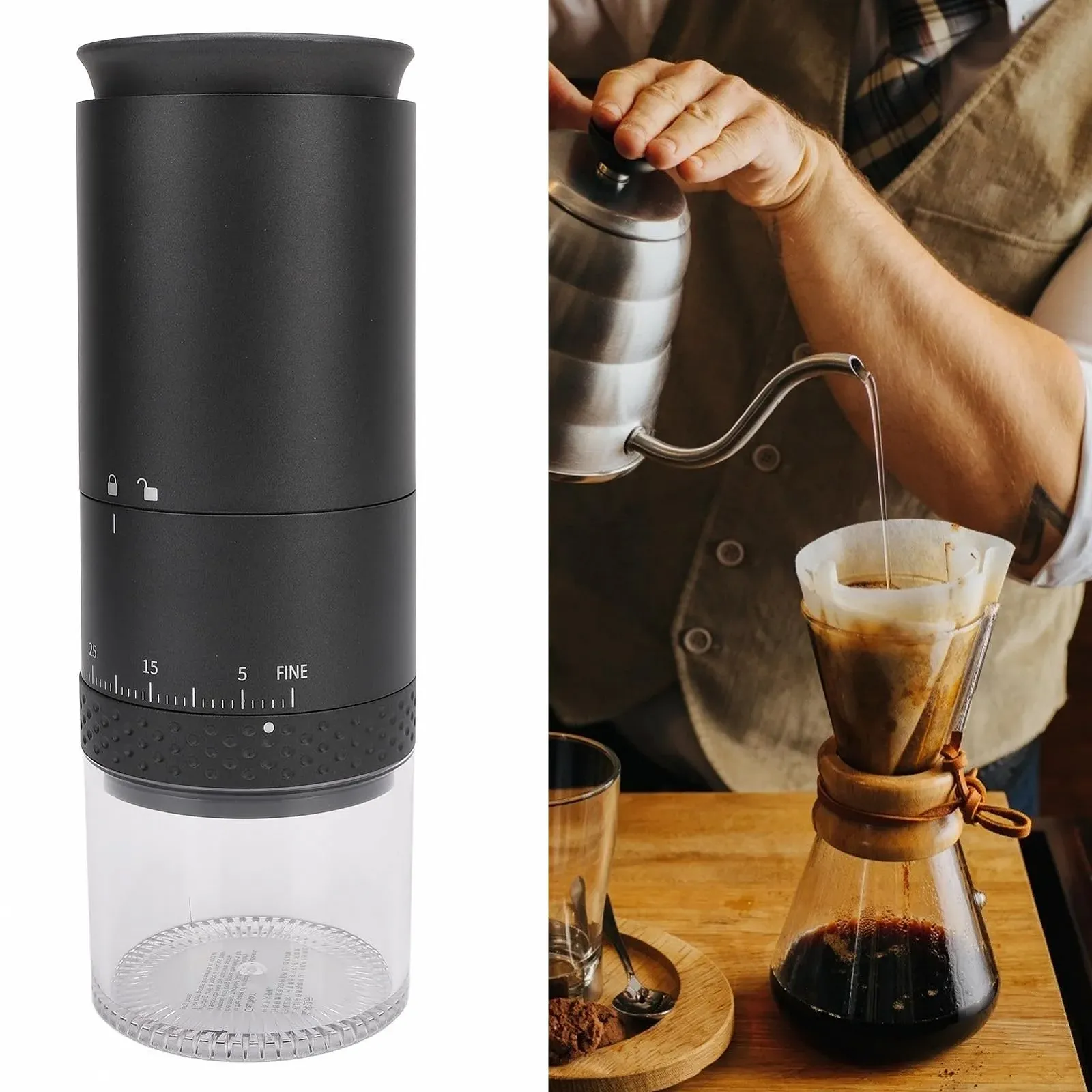 Електрична кавомолка, USB акумуляторна, 38 налаштувань помелу, компактна та легка, Чорний, фото №3