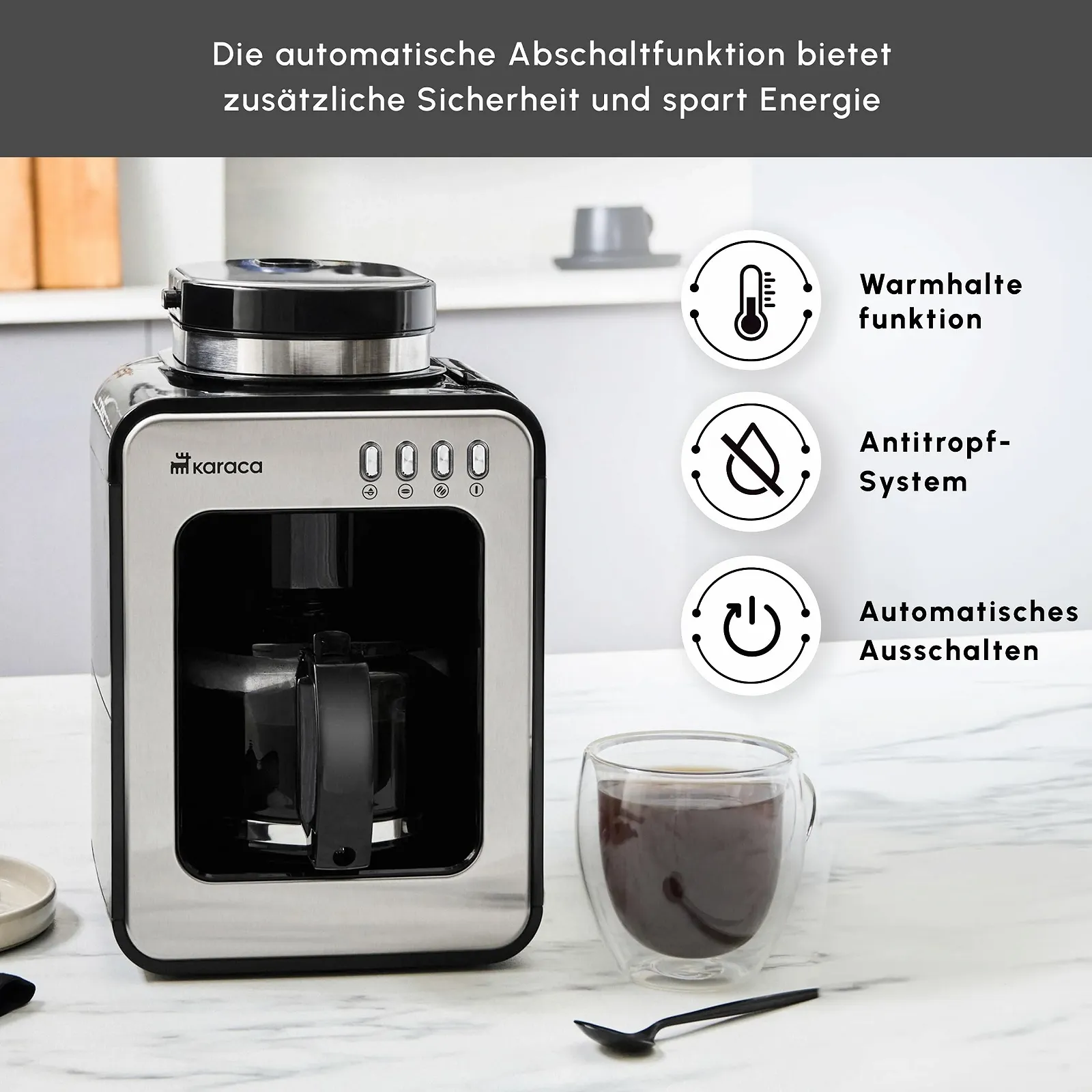 Фильтр-кофемашина KARACA Grindmaestro с термосом и кофемолкой 600 Вт, 0.56 л, съемный фильтр, Нержавеющая сталь, фото №5