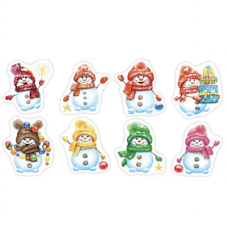 Наліпки для пакування фігурні Сніговички з прикрасами, 8 штук, фото №1 Наліпки для пакування фігурні Сніговички з прикрасами, 8 штук, фото №1