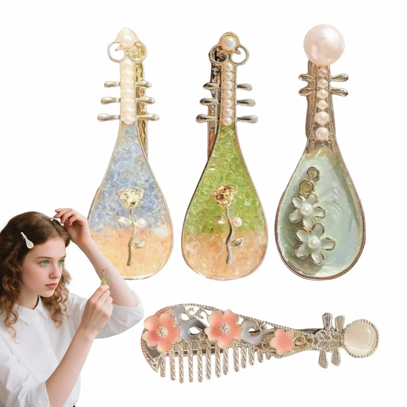 Заколка для волос, Заколка для волос в форме скрипки с жемчугом - 4 шт Стильные аксессуары для волос для женщин Девочек Школа Свадьба Фестиваль Концерт, фото №6