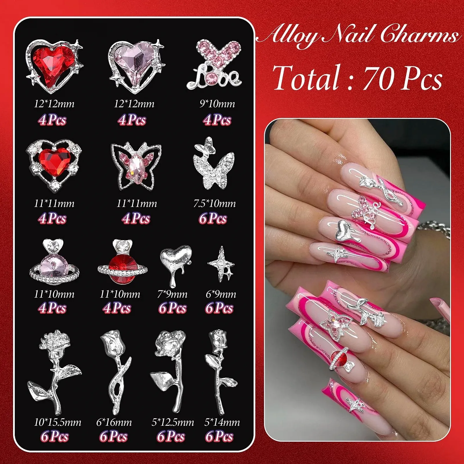 3D украшения для ногтей Сердце Бабочка Стразы Роза серебристый/золотой, 320 шт, фото №3