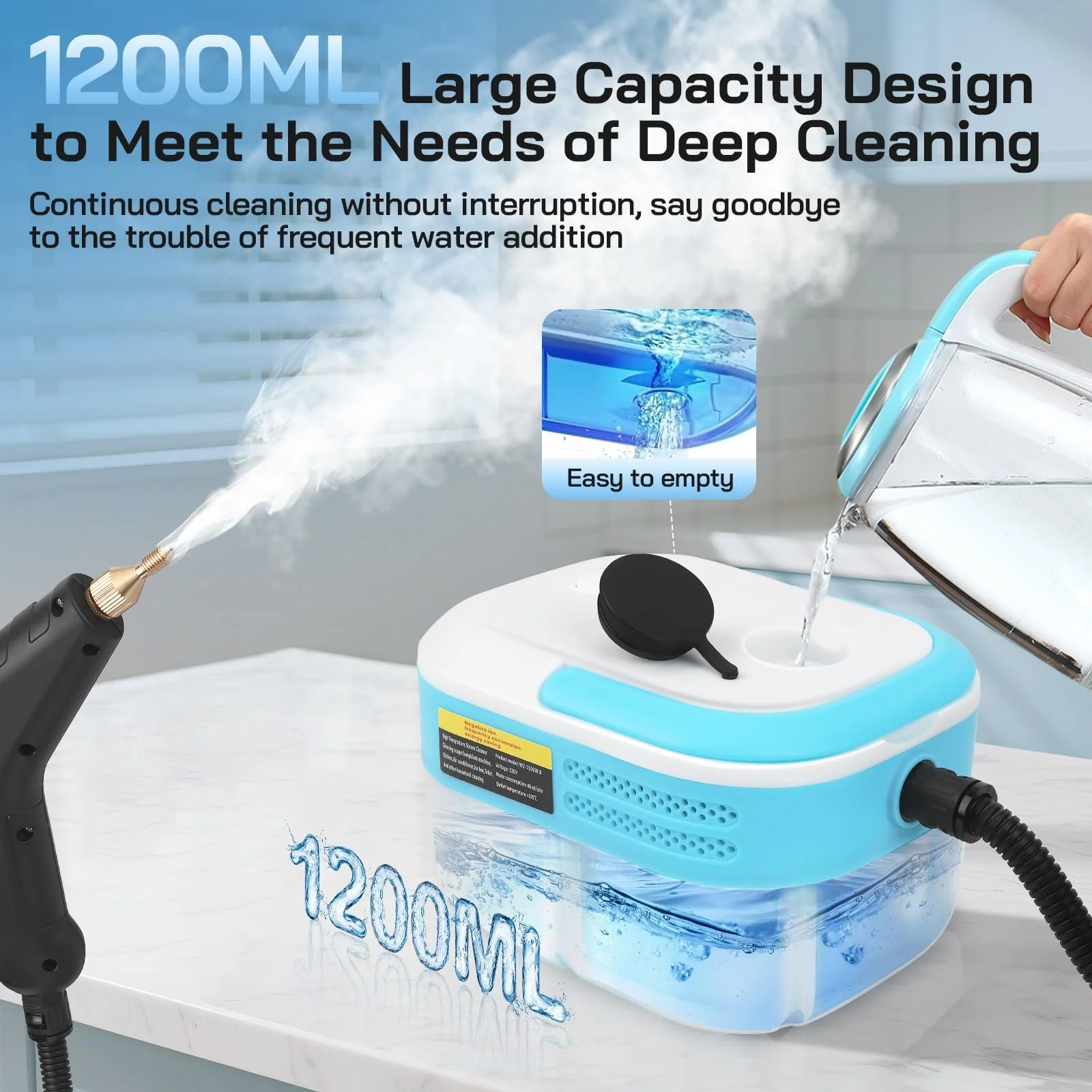 Пароочисник ручний 1500 Вт 1200 мл 3.0 бар з 7 аксесуарами, фото №4