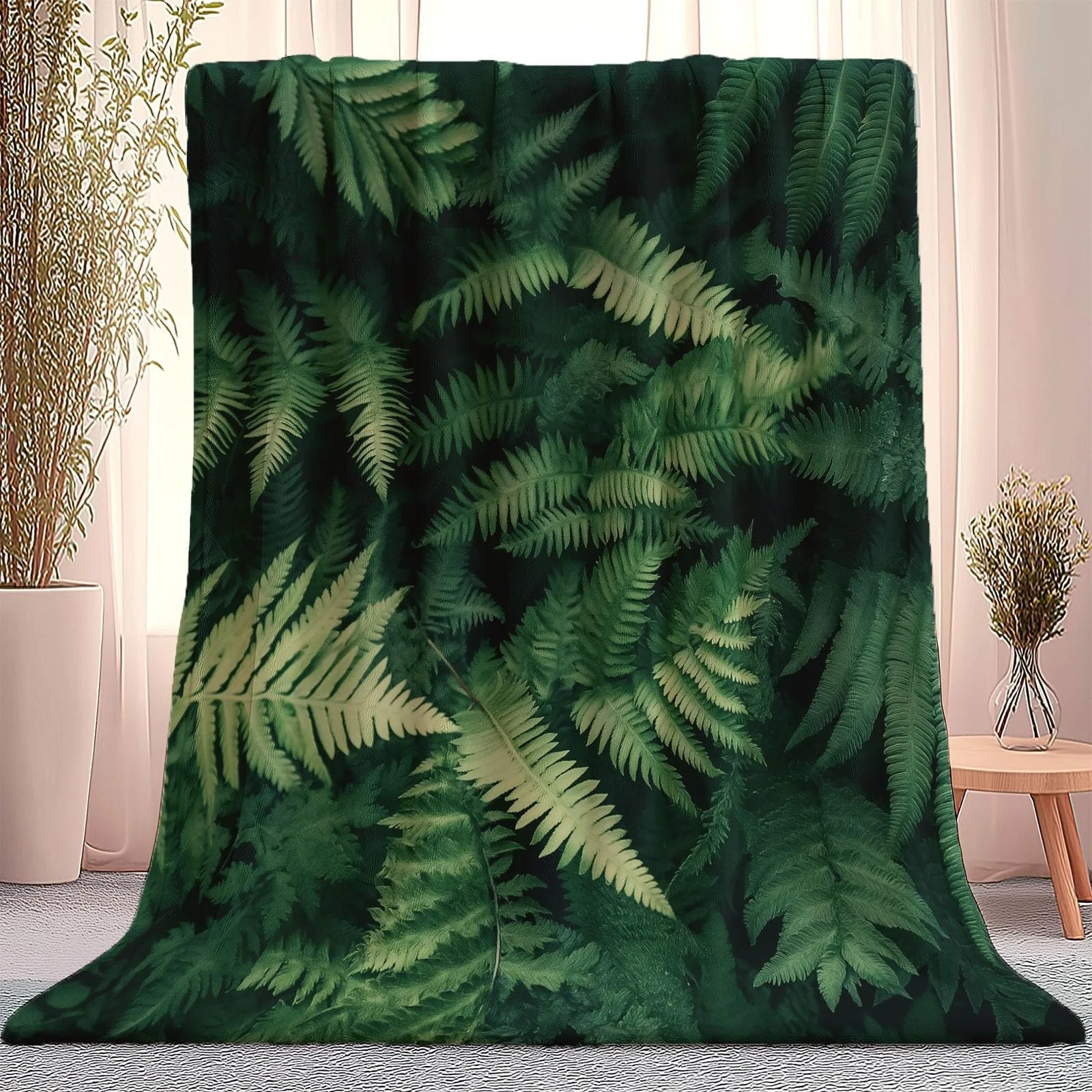 Одеяло Flanell 150 x 200 см, Натуральные Папоротник Листья, с принтом, Мягкое, Пушистое, Теплое, Зеленое, Черное, фото №1